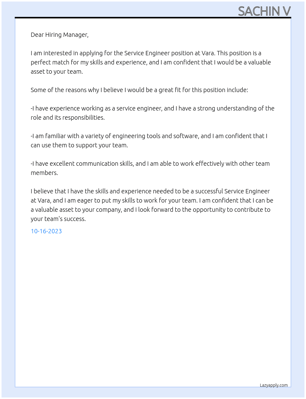 Service Engineer At Vara Cover Letter