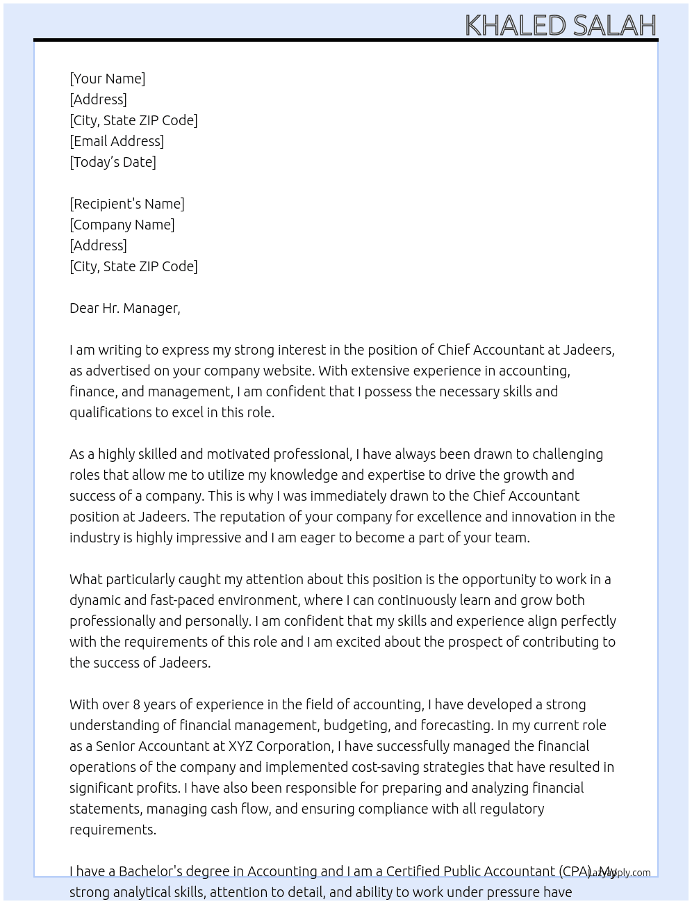 Chief Accountant At Jadeers Cover Letter