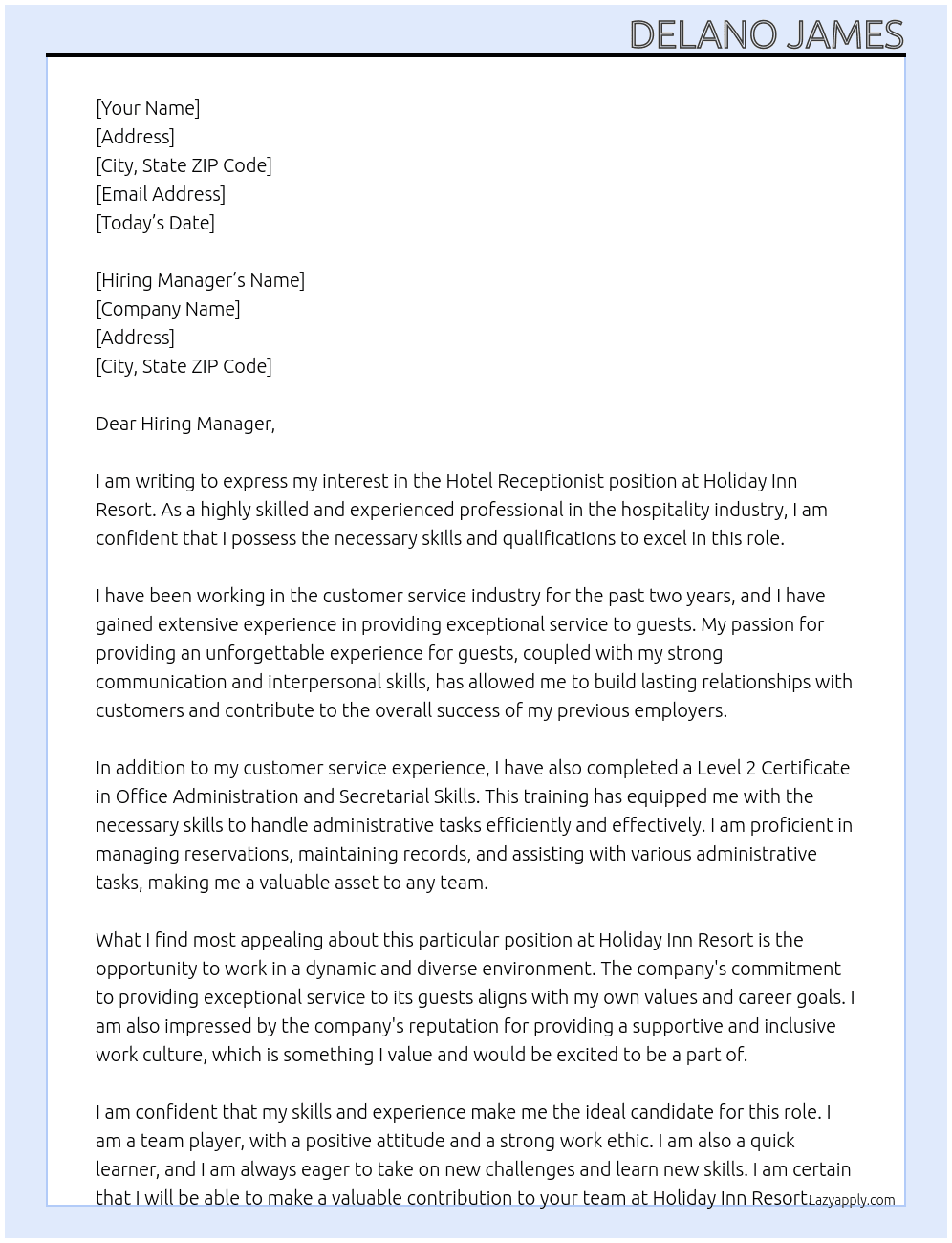 Hotel Receptionist At Holiday Inn Resort Cover Letter