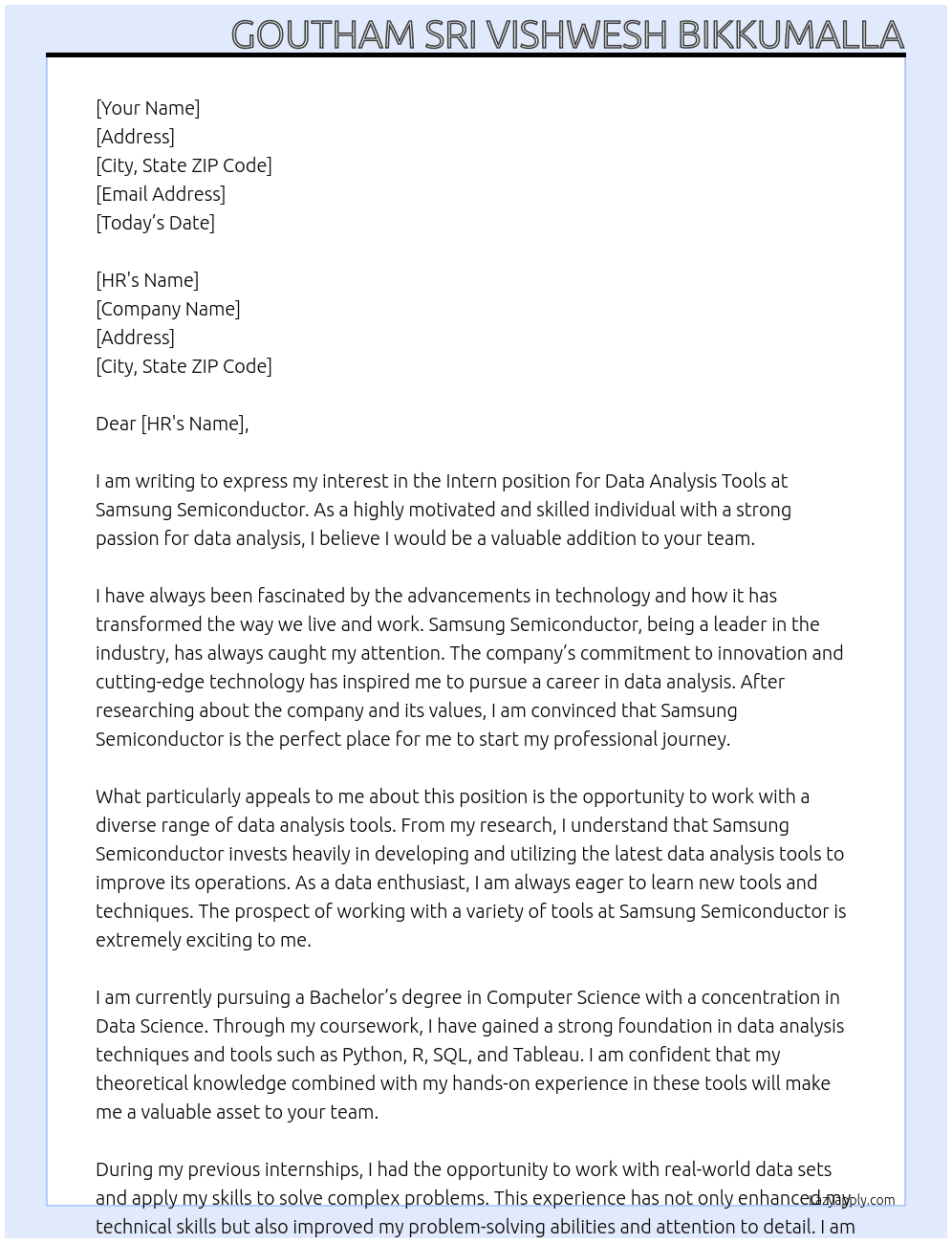 Intern, Data Analysis Tools  At Samsung Semiconductor  Cover Letter