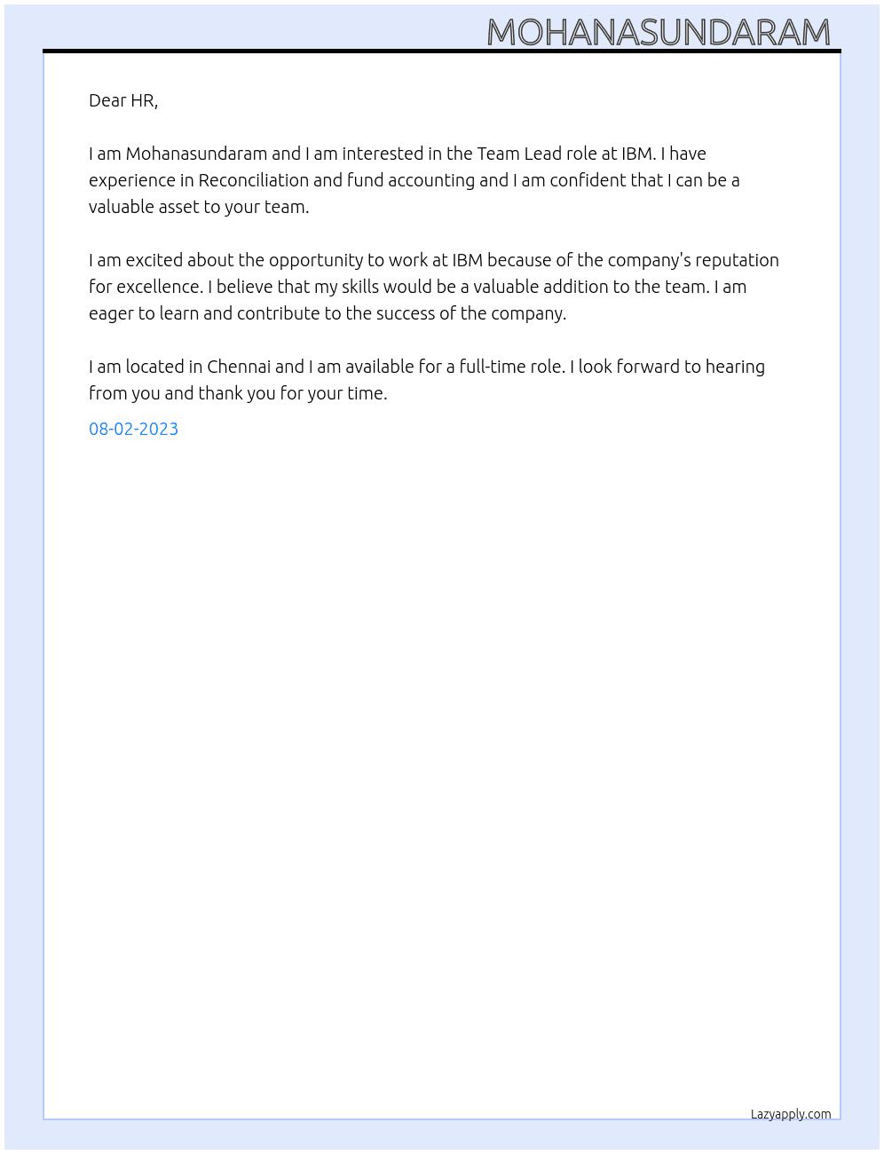 Team lead  At IBM Cover Letter