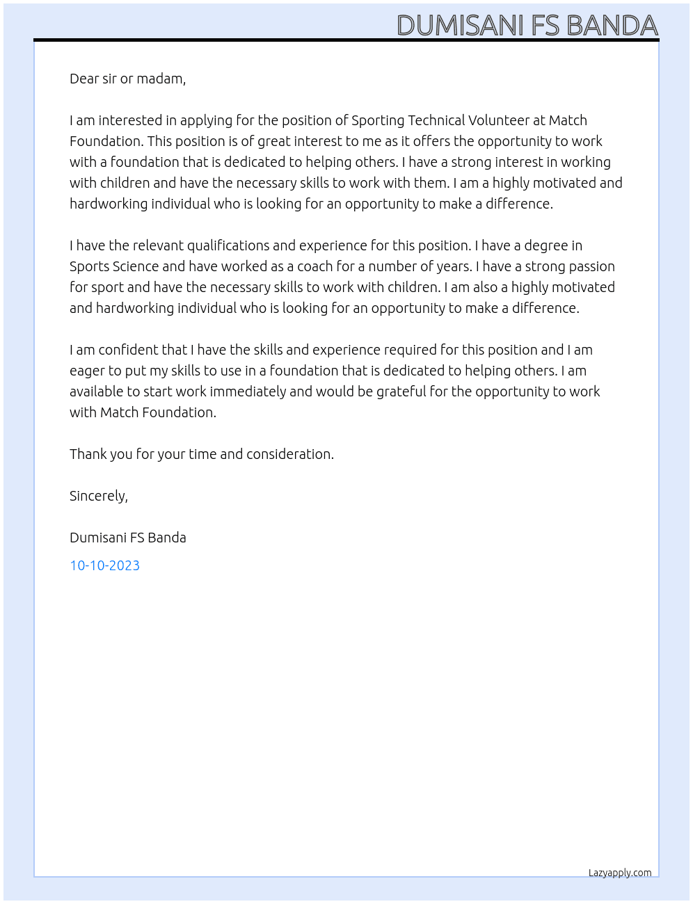 Sporting Technical Volunteer  At Match Foundation  Cover Letter