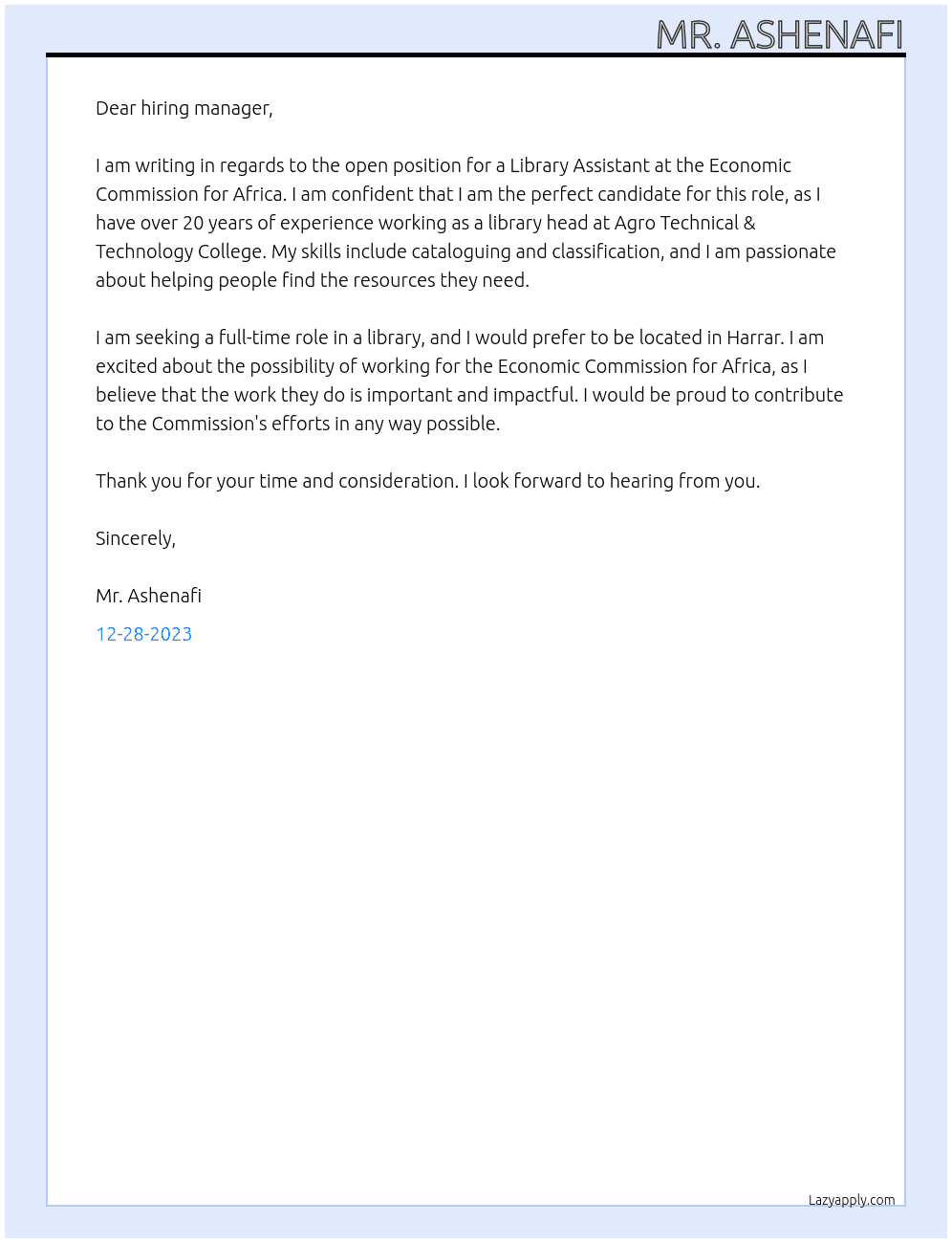 LIBRARY ASSISTANT  At Economic Commission for Africa Cover Letter