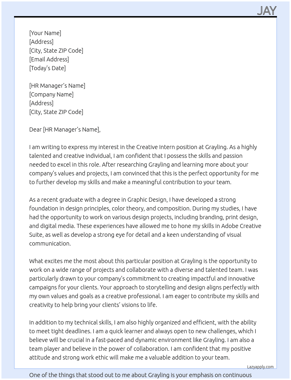 Creative Intern At Grayling Cover Letter