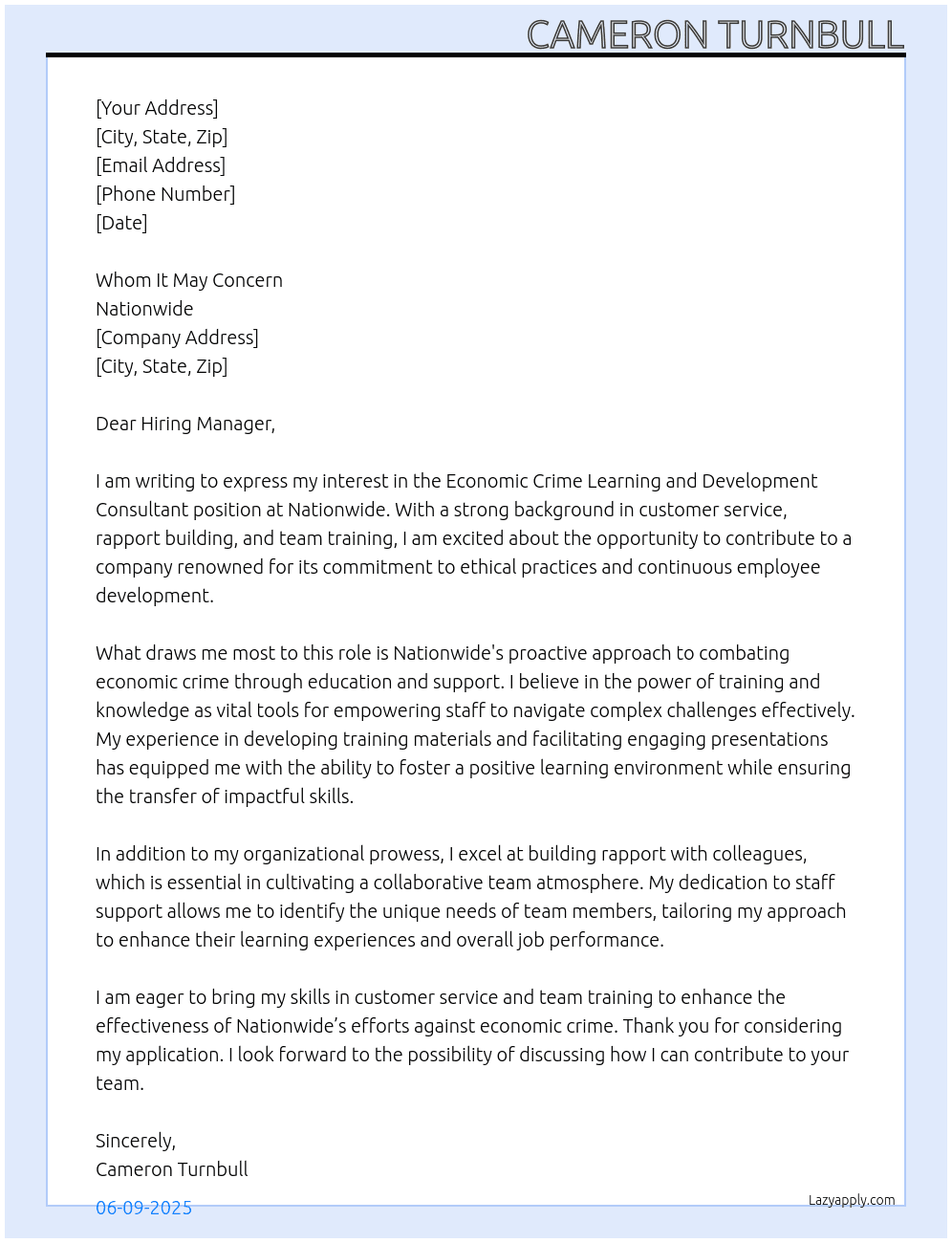 Economic Crime Learning and Development Consultant  At Nationwide Cover Letter