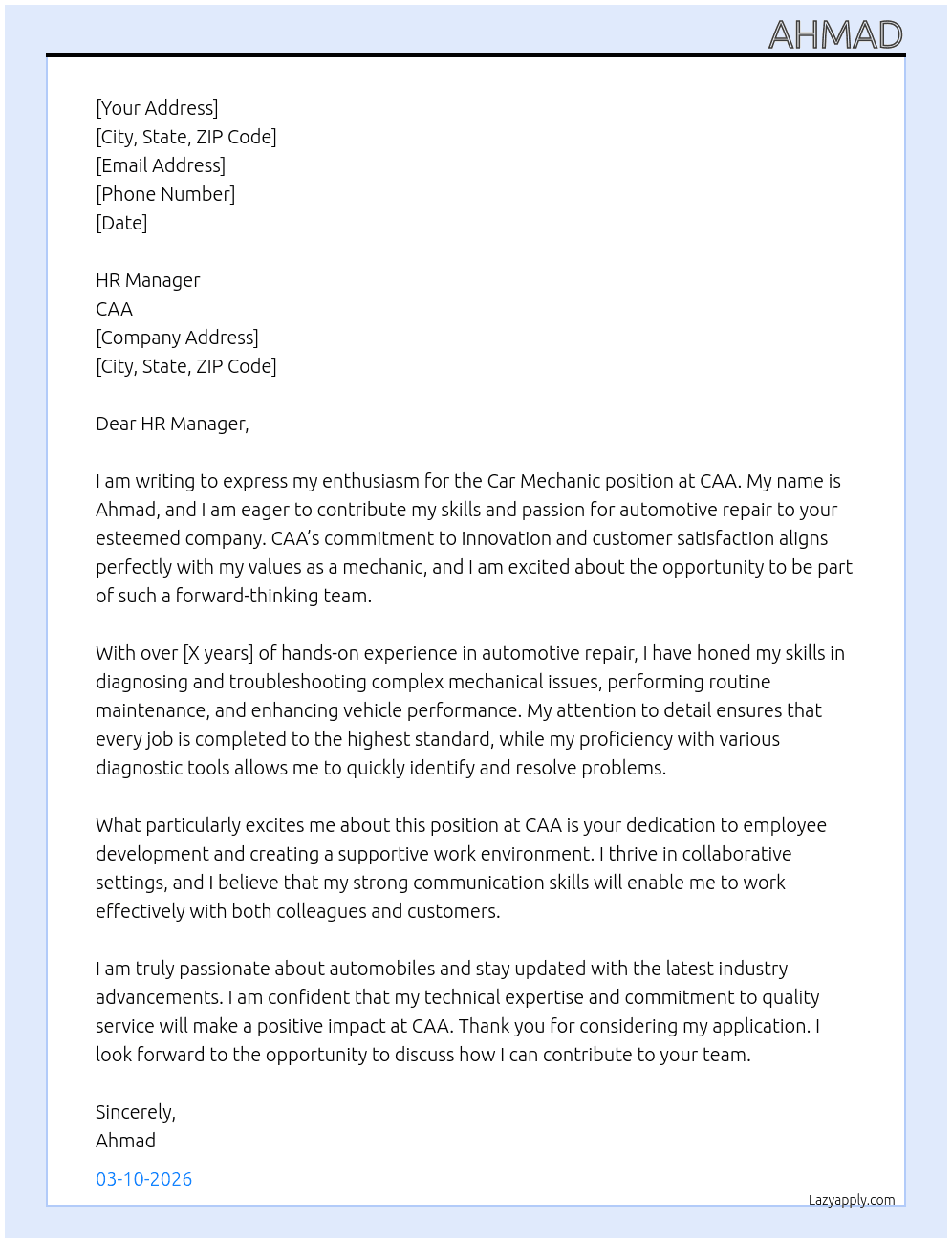 Car Mechanic At CAA Cover Letter