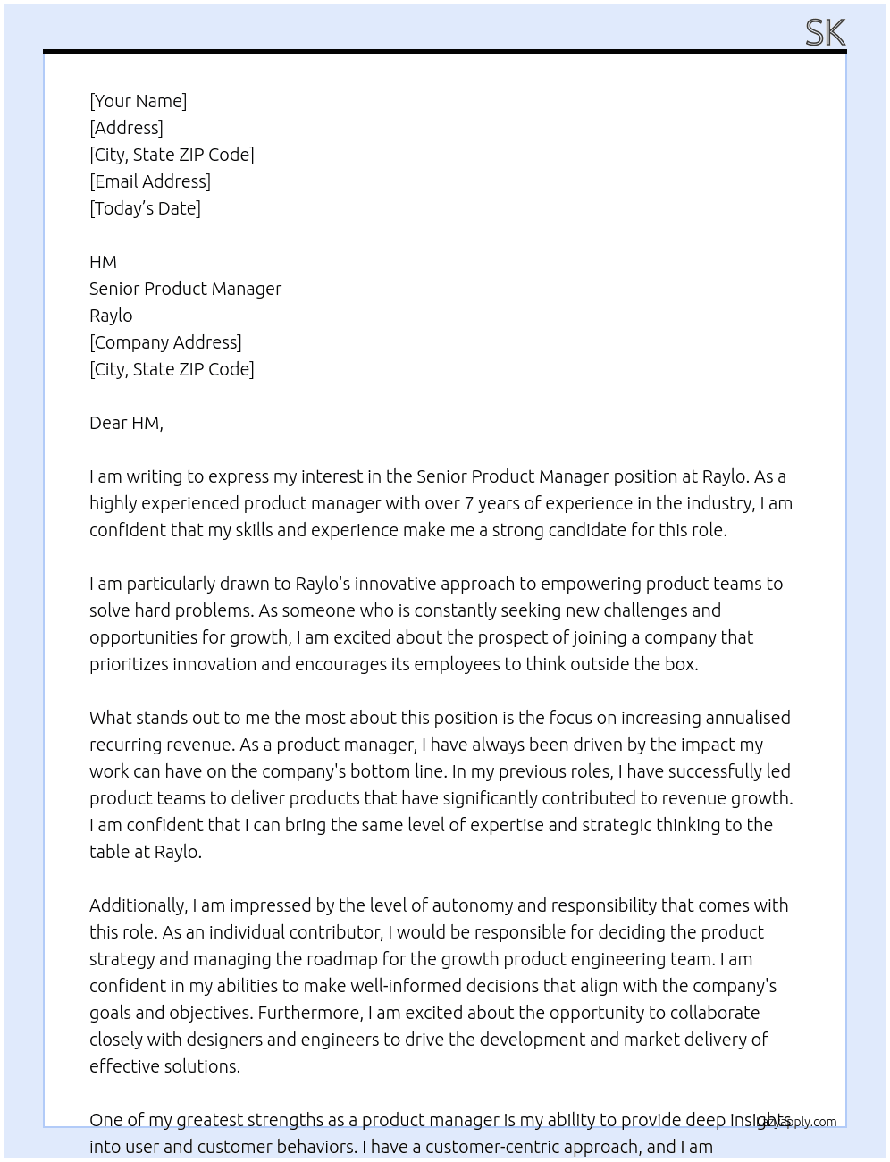 Senior Product Manager At Raylo Cover Letter