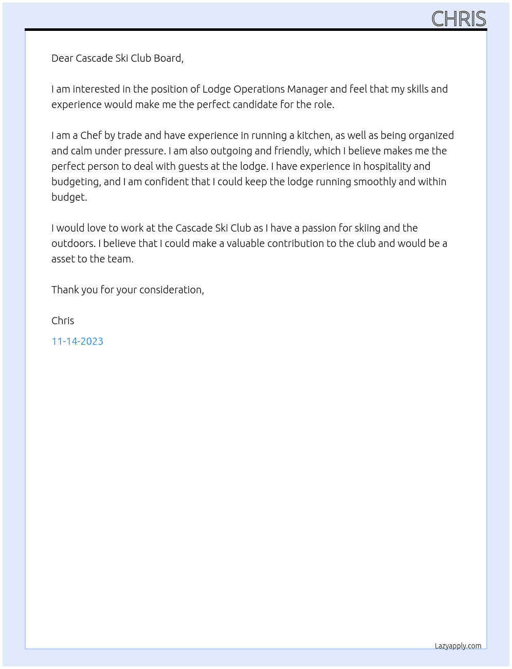 lodge operations manager At Cascade Ski Club Cover Letter