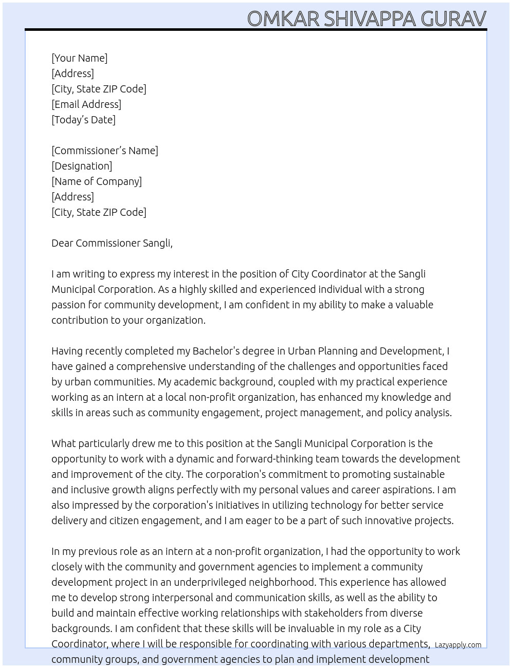 city co ordinator At sangli munciple corporation Cover Letter