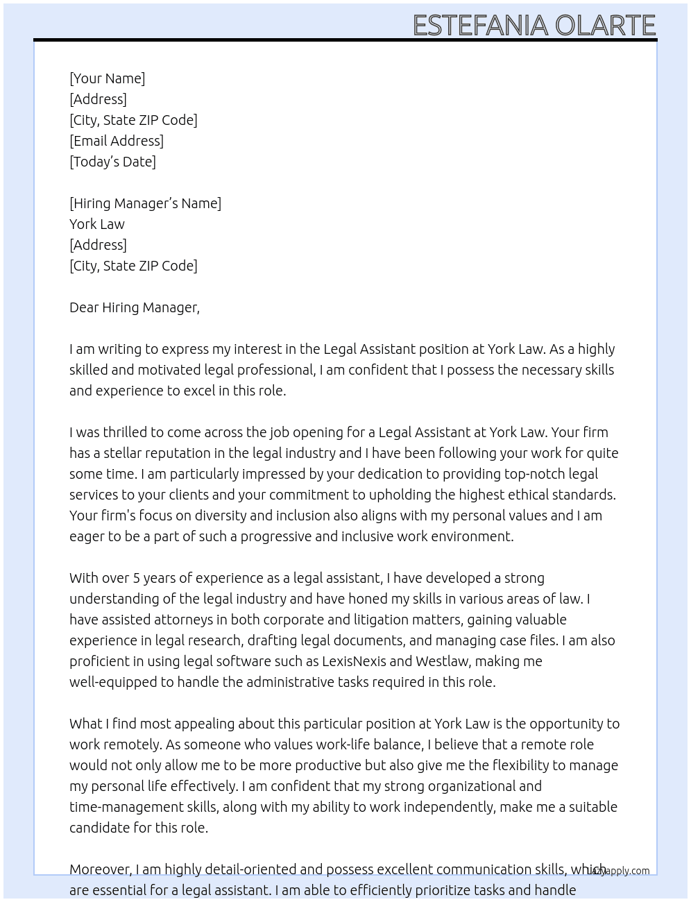 Legal Assistant At York law Cover Letter