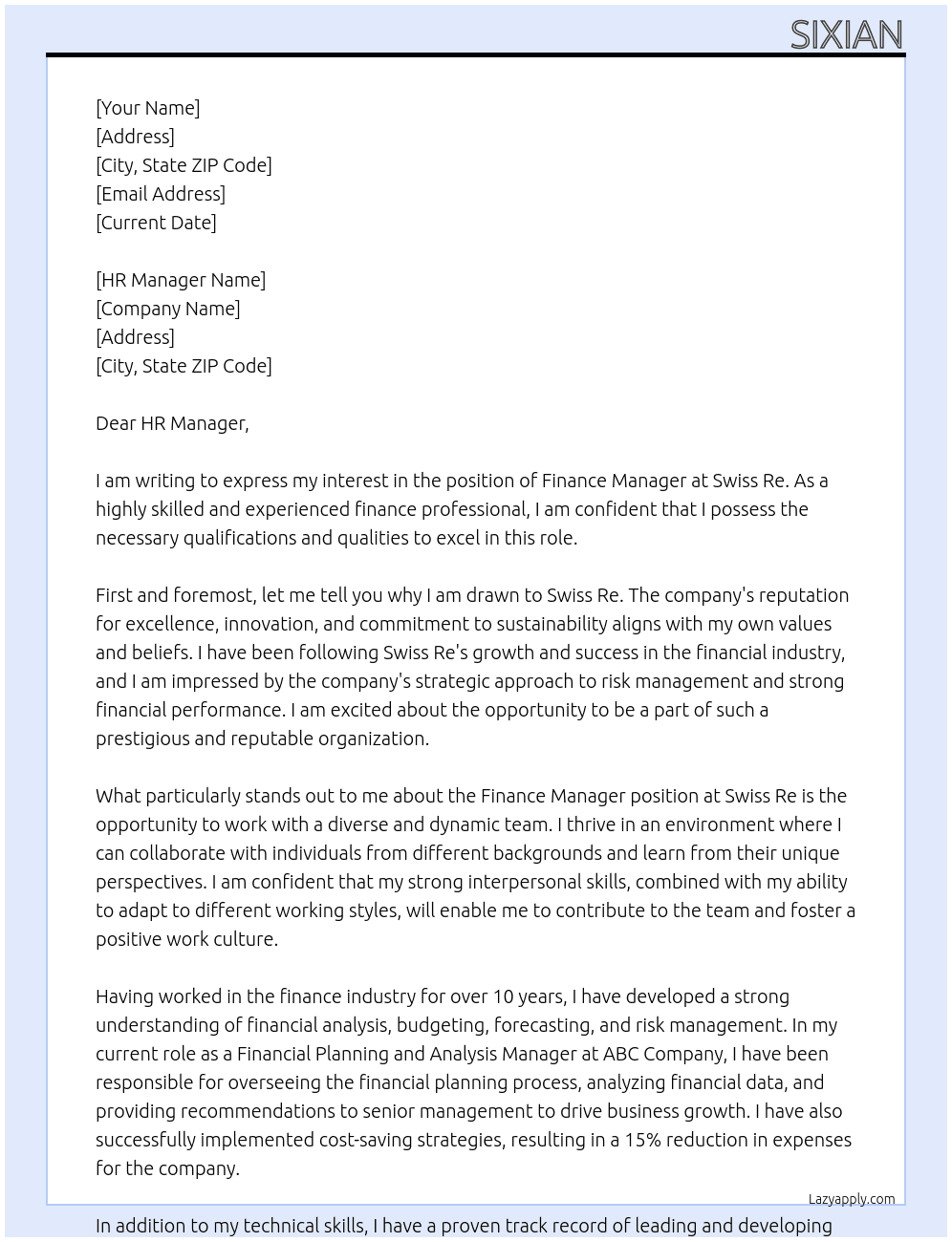 finance manager At swiss re Cover Letter