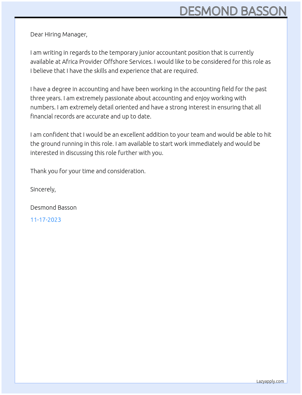 Temporary Junior Accountant At Africa Provider Offshore Services Cover Letter