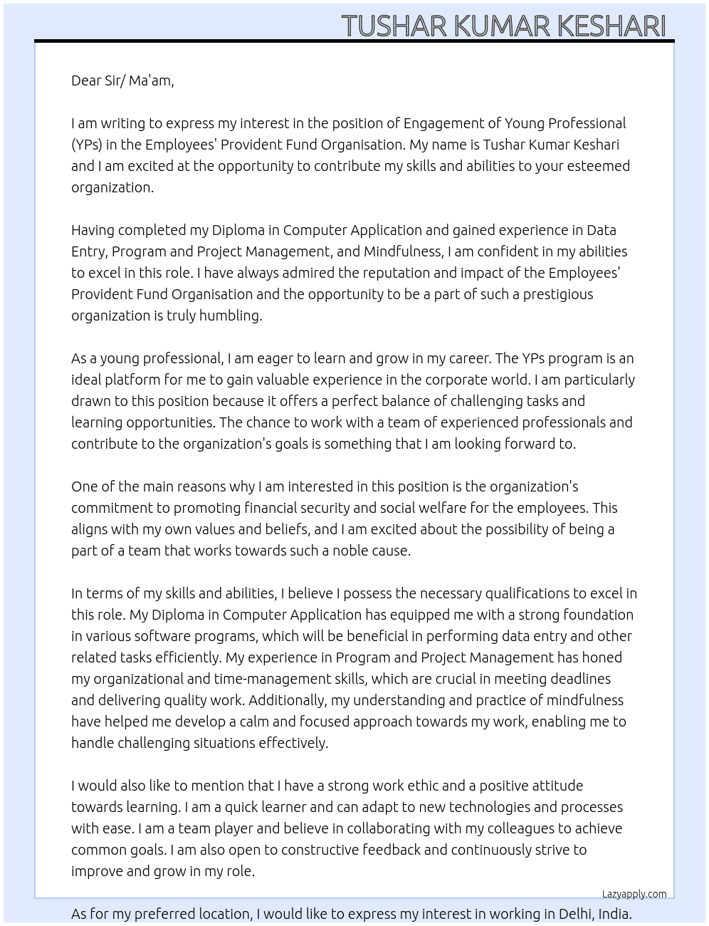 ENGAGEMENT OF YOUNG PROFESSIONAL (YPs) IN EPFO At Employees' Provident Fund Organisation  Cover Letter