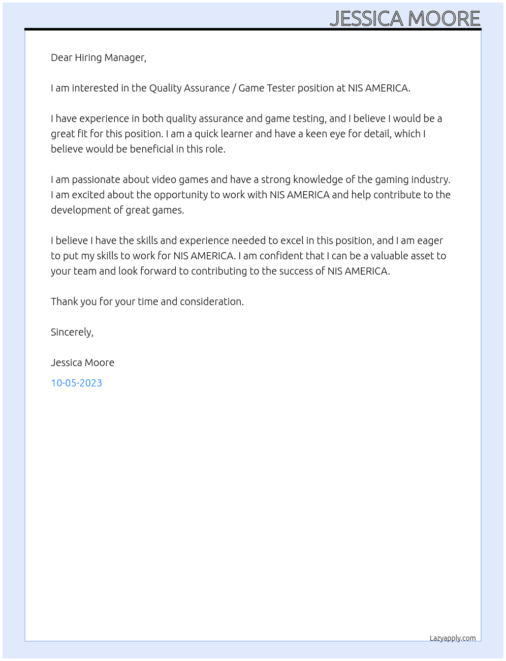 Quality Assurance / Game Tester At NIS AMERICA Cover Letter