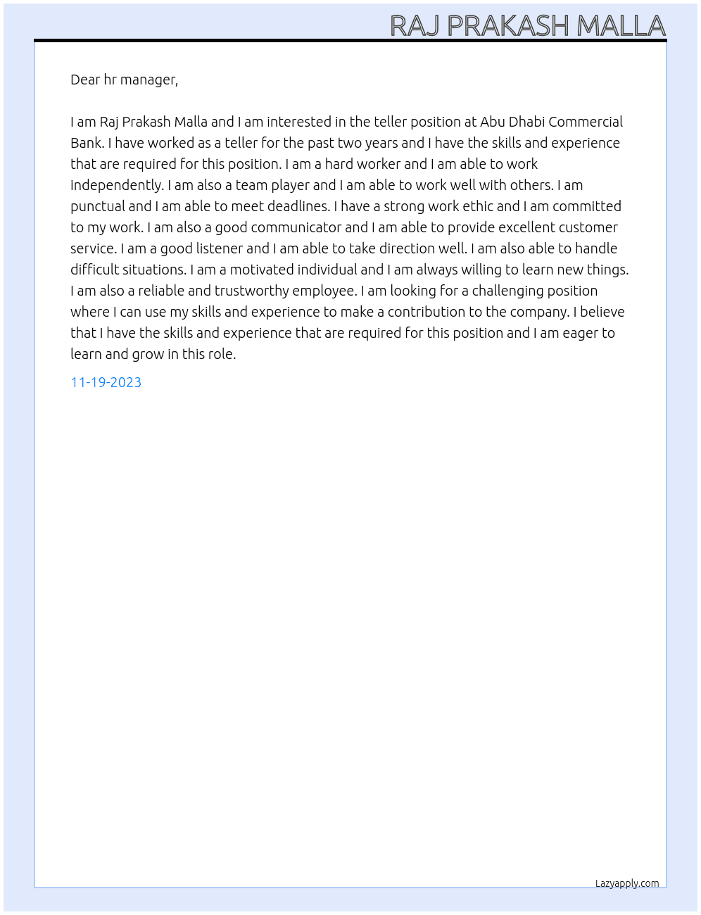  teller  At Abu Dhabi Commercial Bank Cover Letter