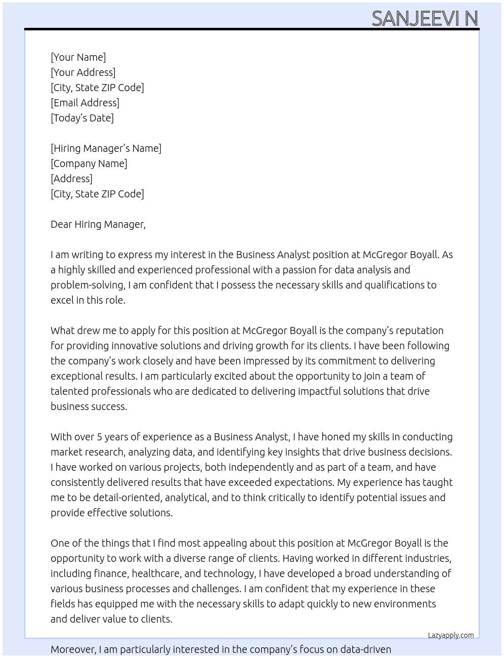 Buisness analyst  At McGregor Boyall Cover Letter