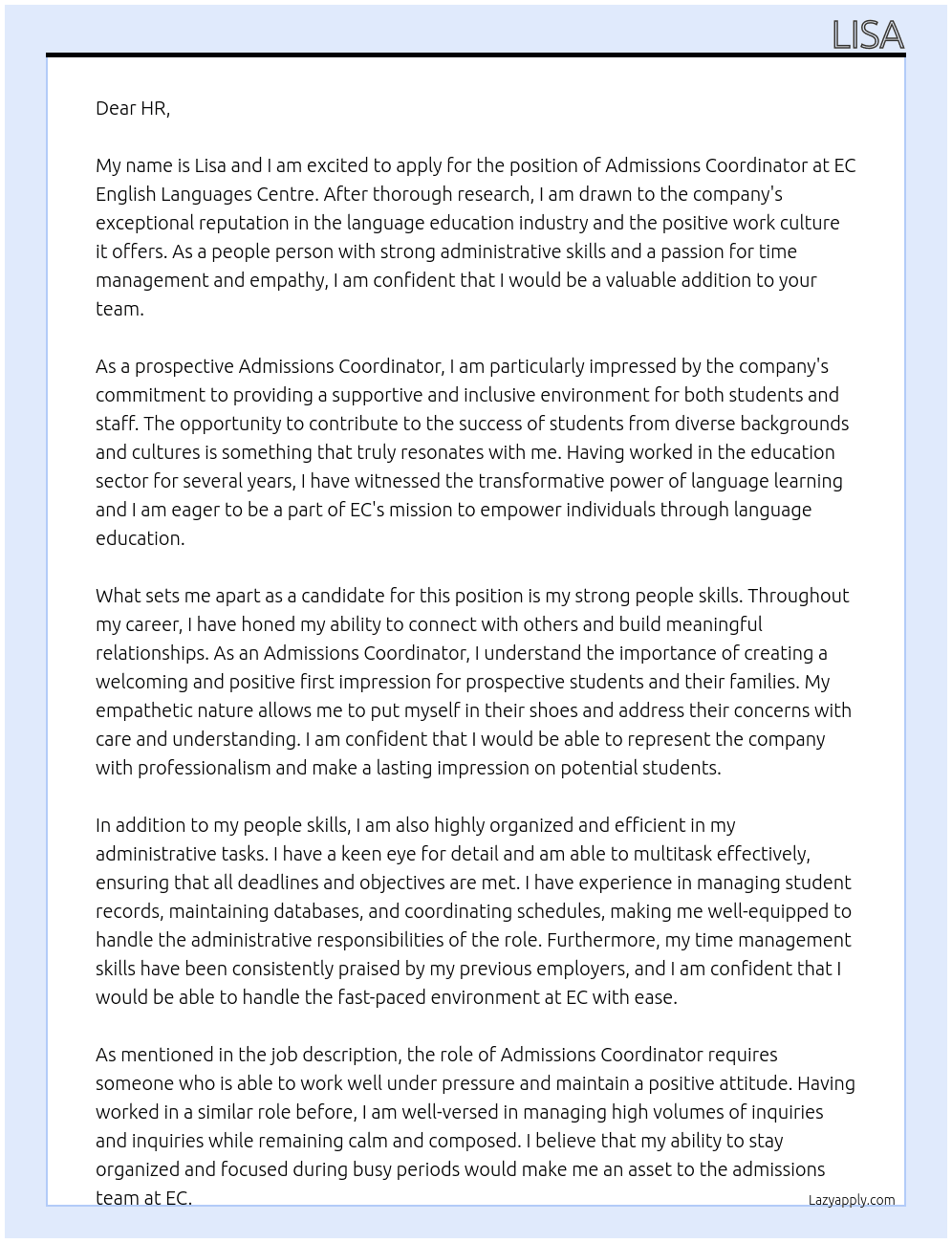 Admissions Coordinator At EC English Languages Centre Cover Letter