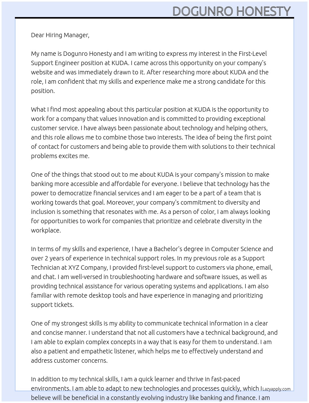 First-Level Support Engineer At KUDA Cover Letter