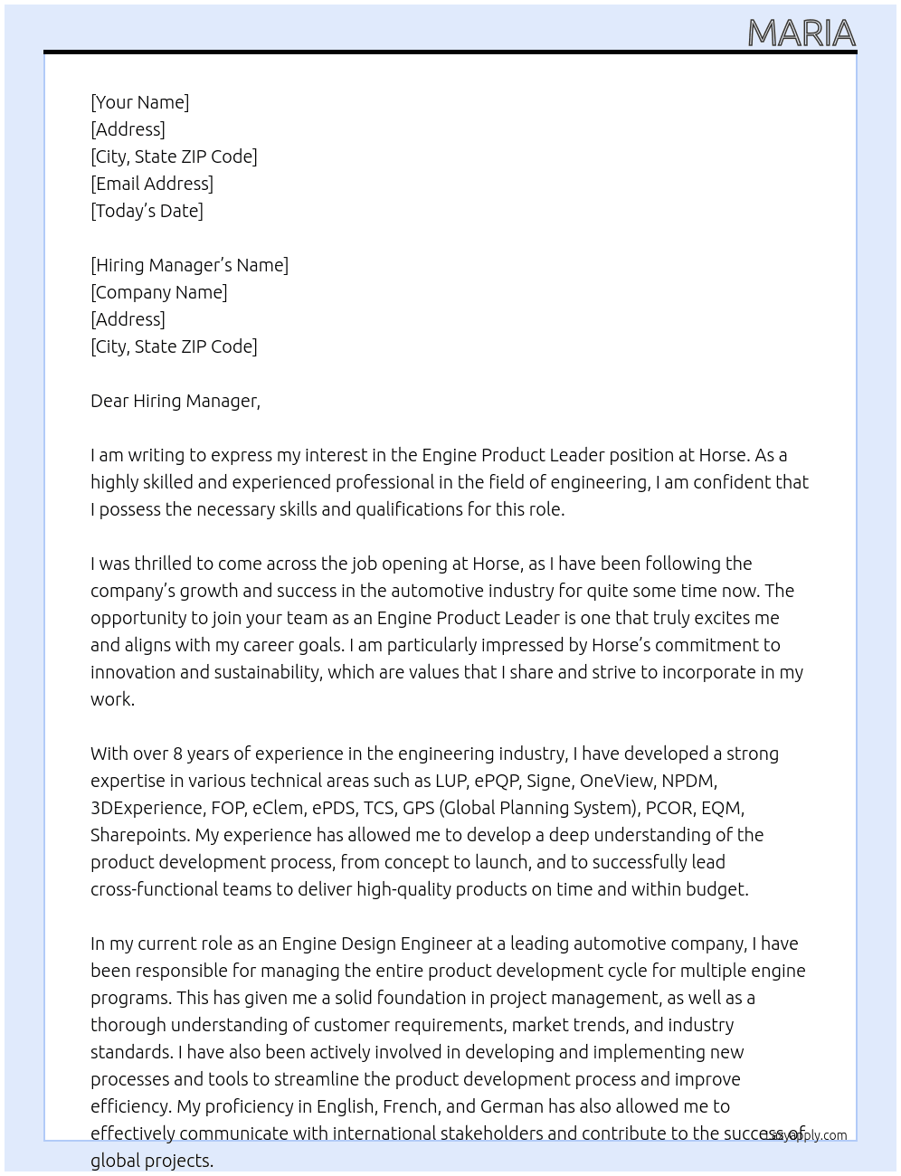Engine Product Leader At Horse Cover Letter