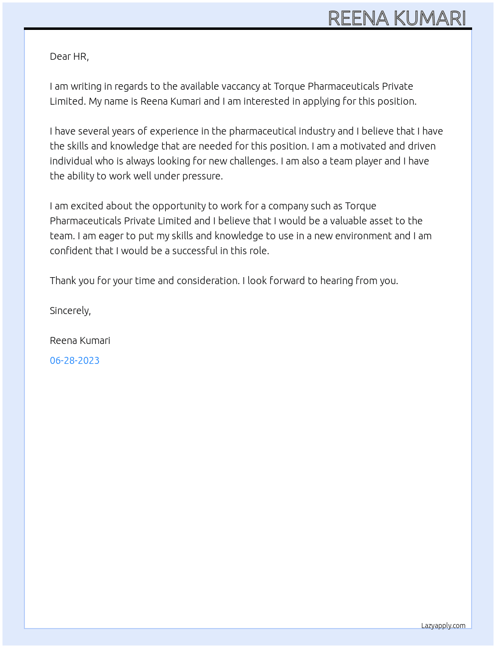 Available vaccancy  At Torque Pharmaceuticals Private Limited  Cover Letter