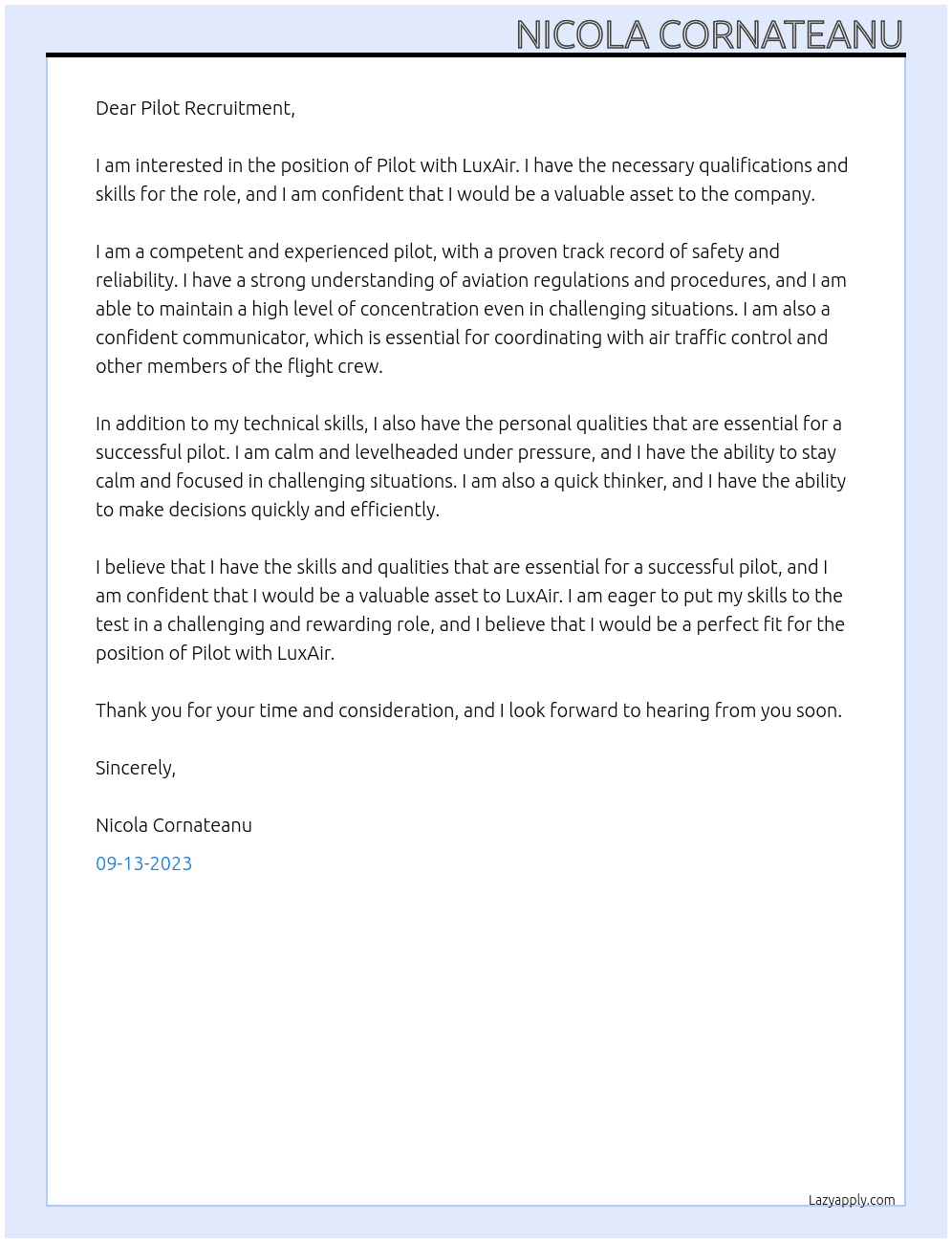 Pilot At LuxAir Cover Letter