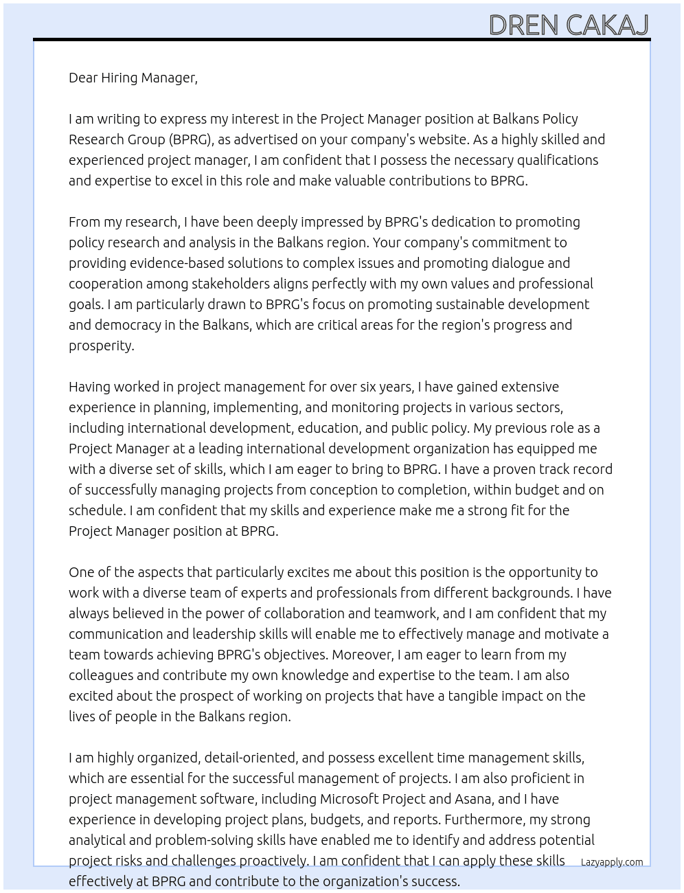 Project Manager At Balkans Policy Research Group – BPRG Cover Letter