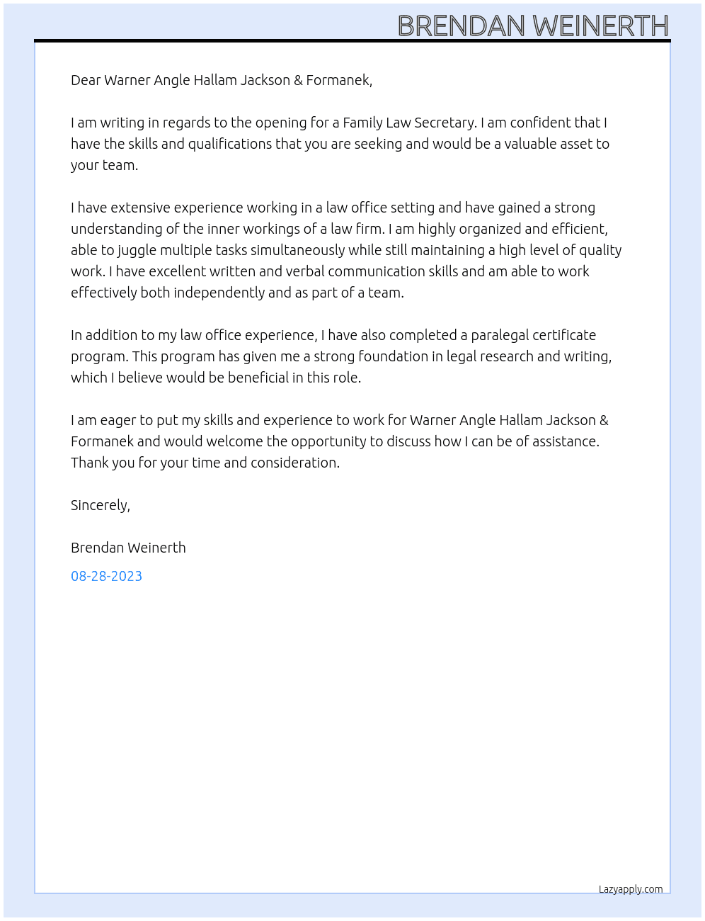 Family Law Secretary  At Warner Angle Hallam Jackson & Formanek  Cover Letter