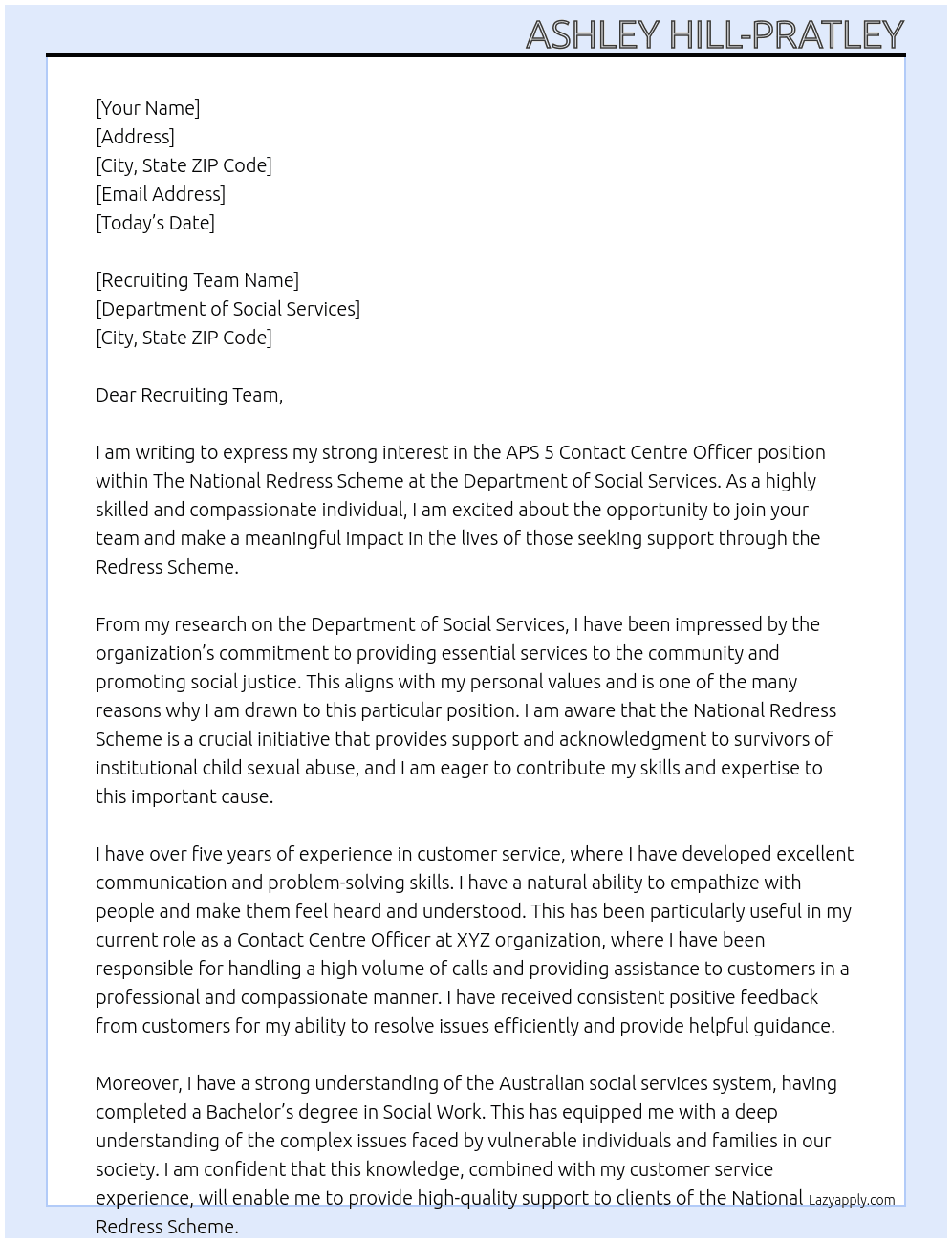 APS 5 Contact Centre Officer At Department of Social Services Cover Letter
