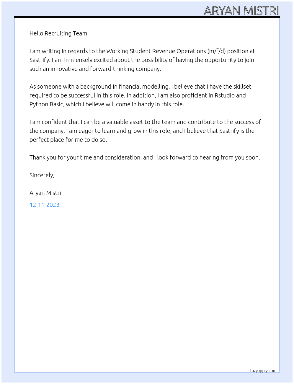 Working Student Revenue Operations (m/f/d) At Sastrify Cover Letter