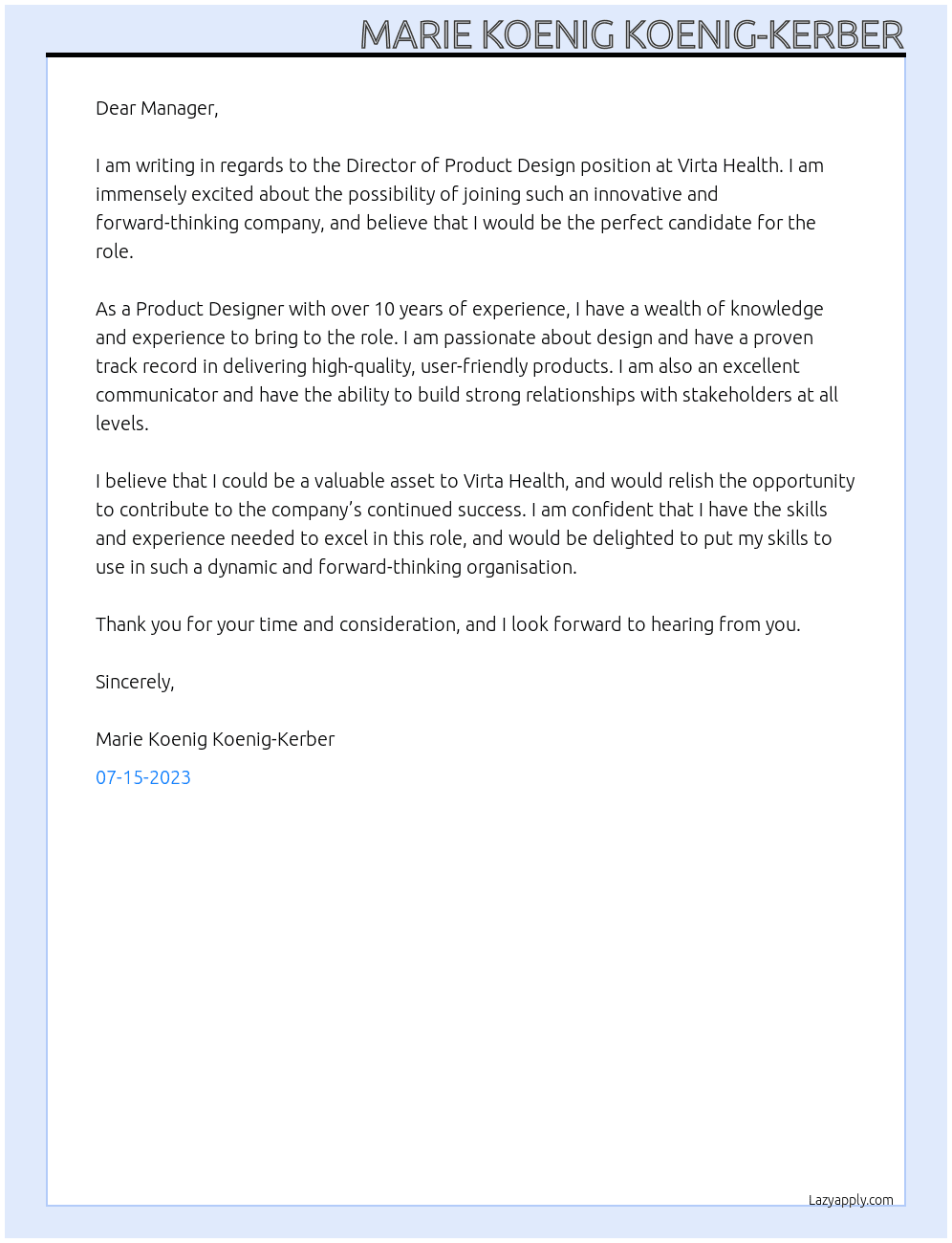 Director of Product Design At Virta Health Cover Letter