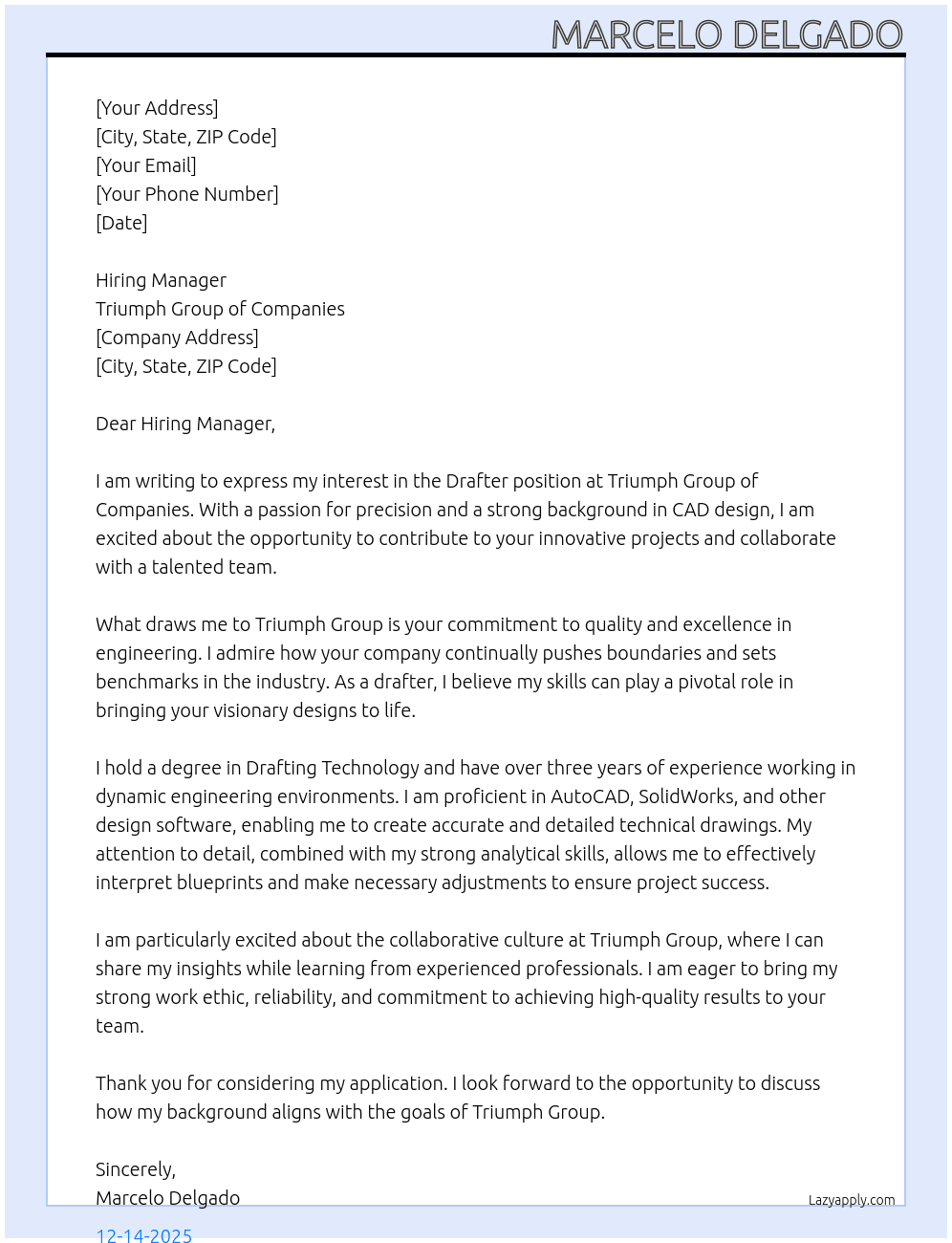Drafter At Triumph Group of Companies Cover Letter