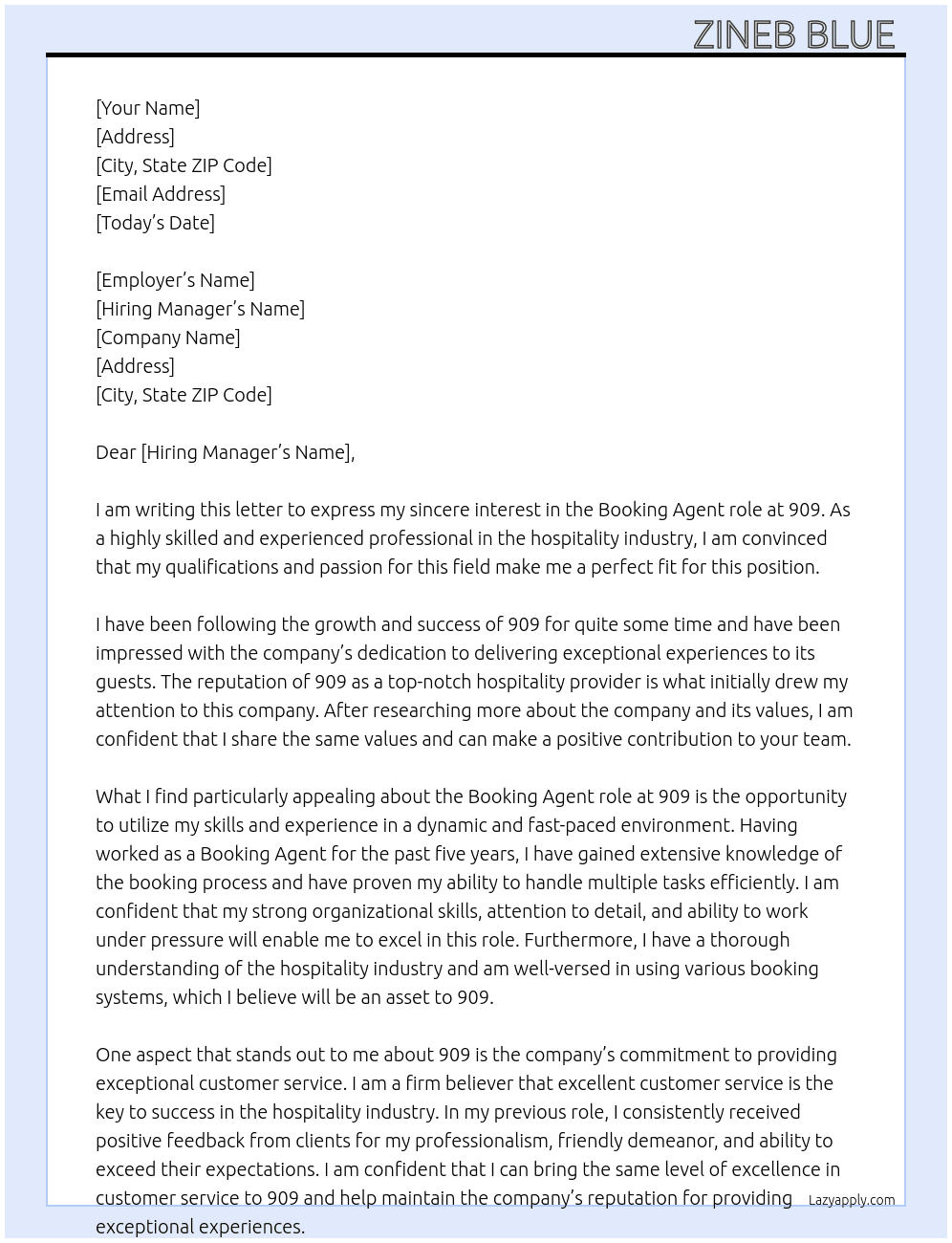 Booking agent At 909 Cover Letter
