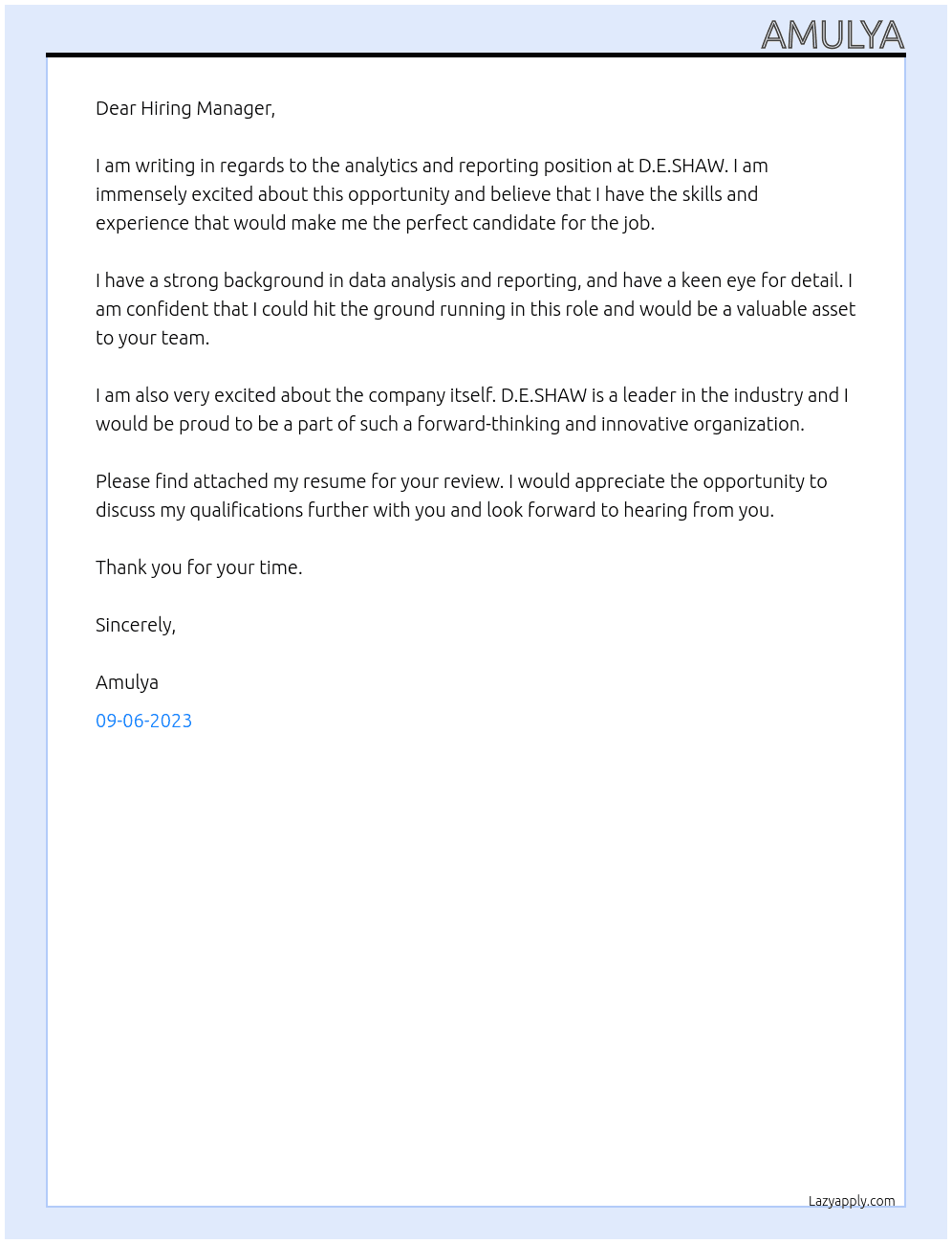 analytics and reporting At D.E.SHAW Cover Letter