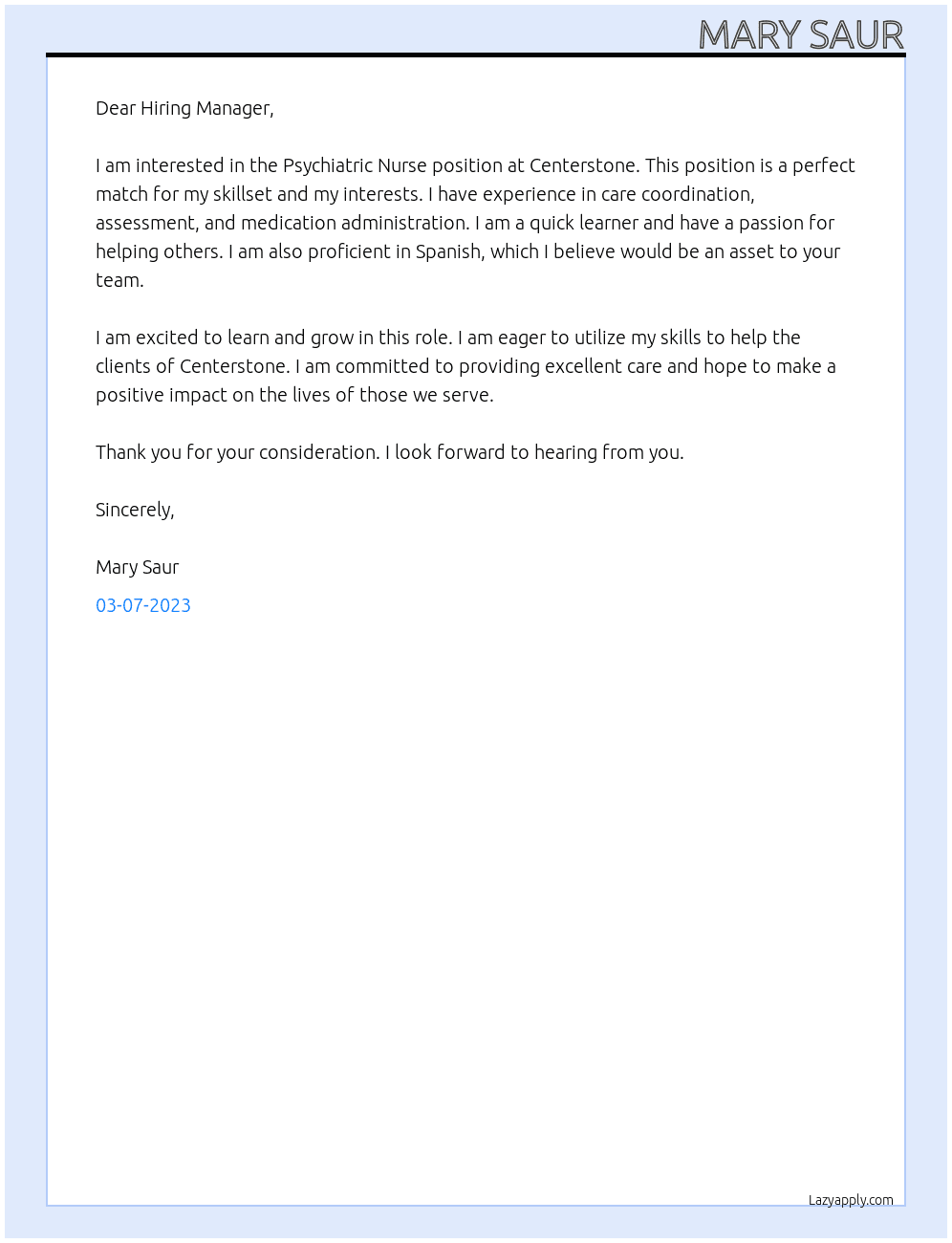 Psychiatric Nurse At Centerstone Cover Letter