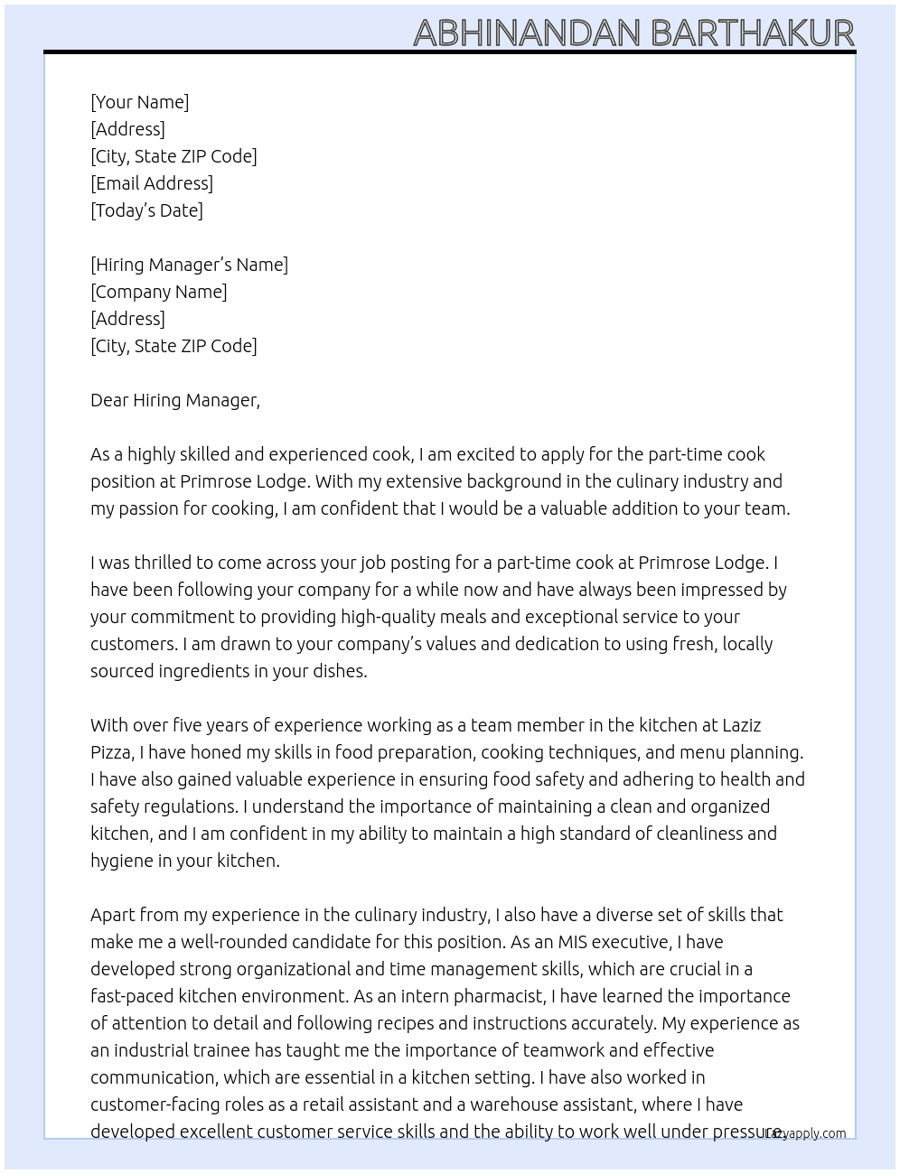 cook At primrose lodge Cover Letter