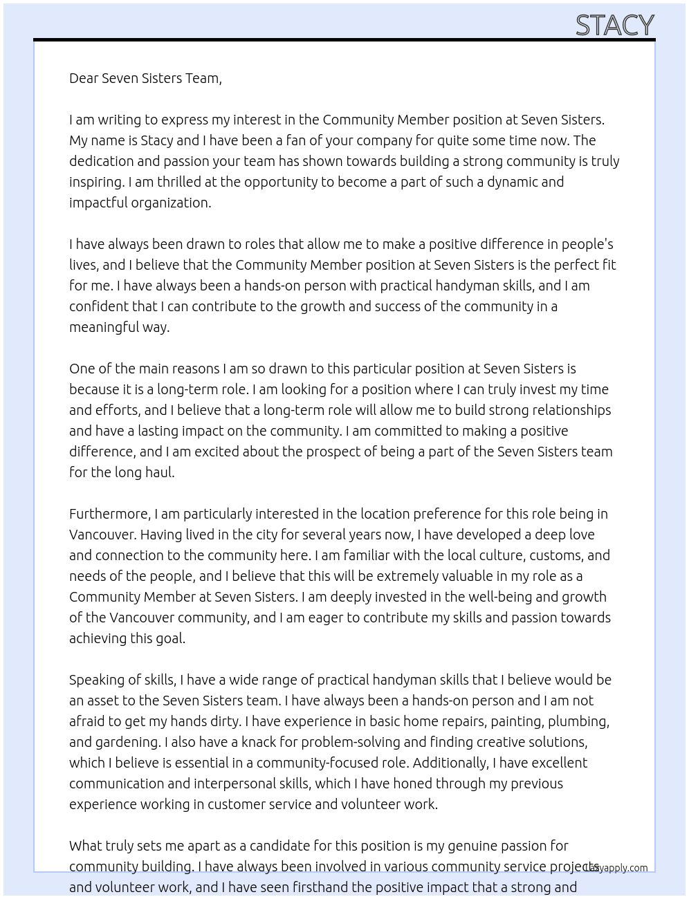 community member At Seven Sisters Cover Letter