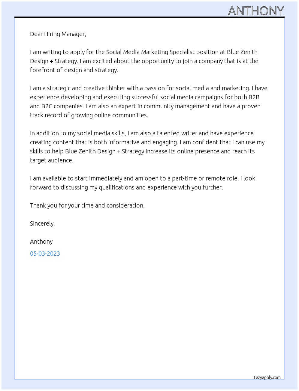Social Media Marketing Specialist At Blue Zenith Design + Strategy Cover Letter