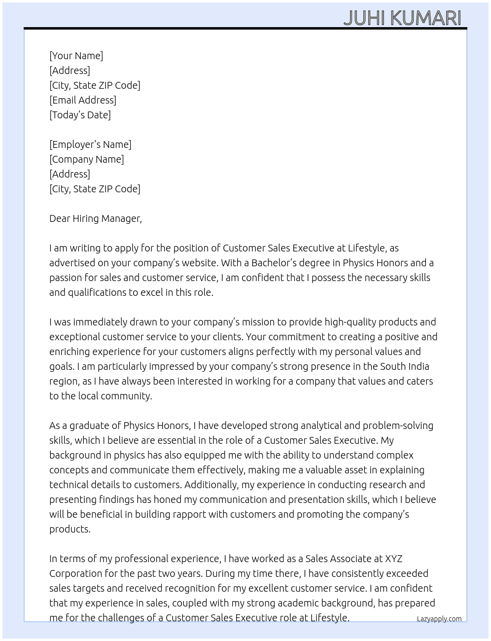 Customer sales executive  At Lifestyle  Cover Letter