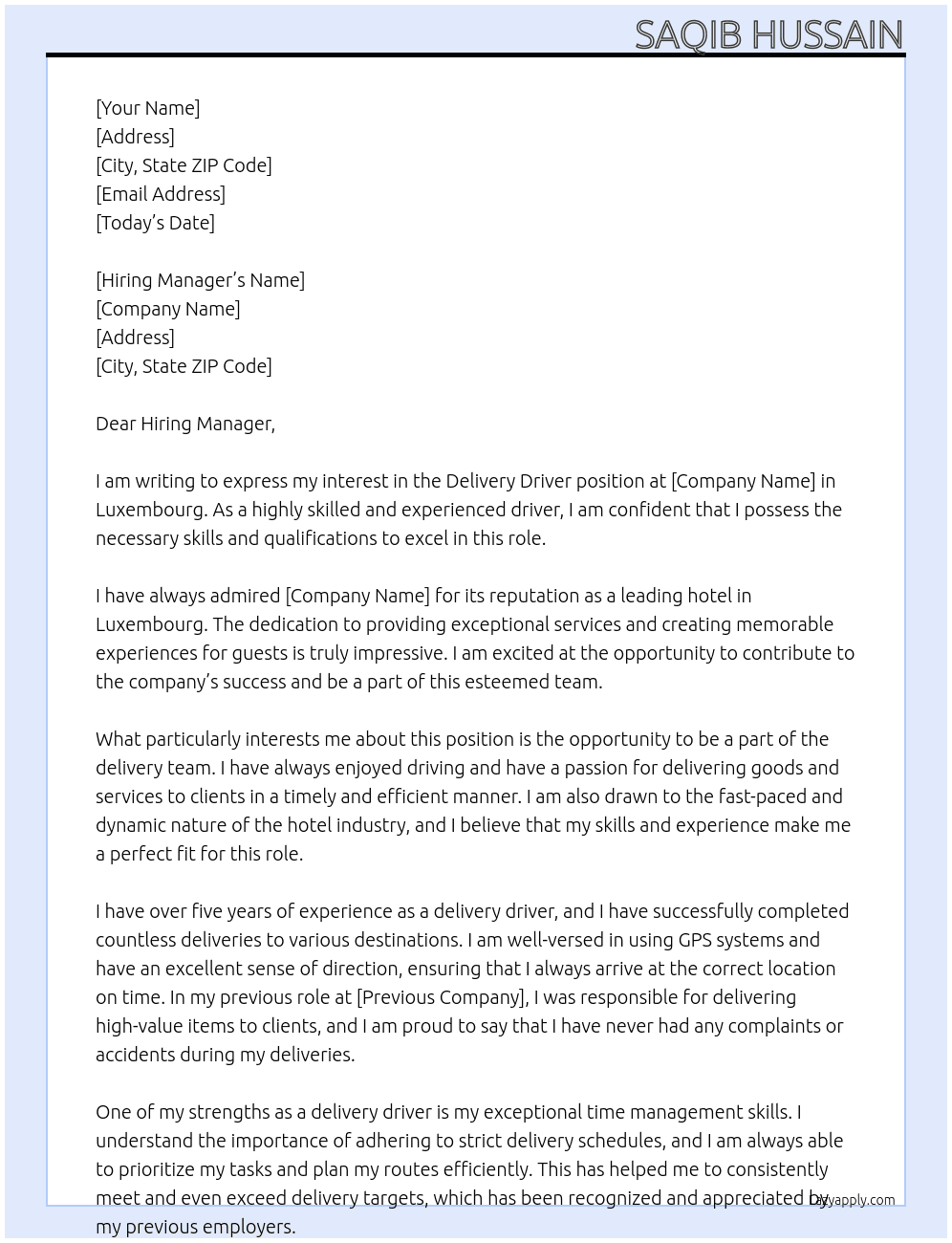 Delivery Driver At Hotel in Luxembourg  Cover Letter