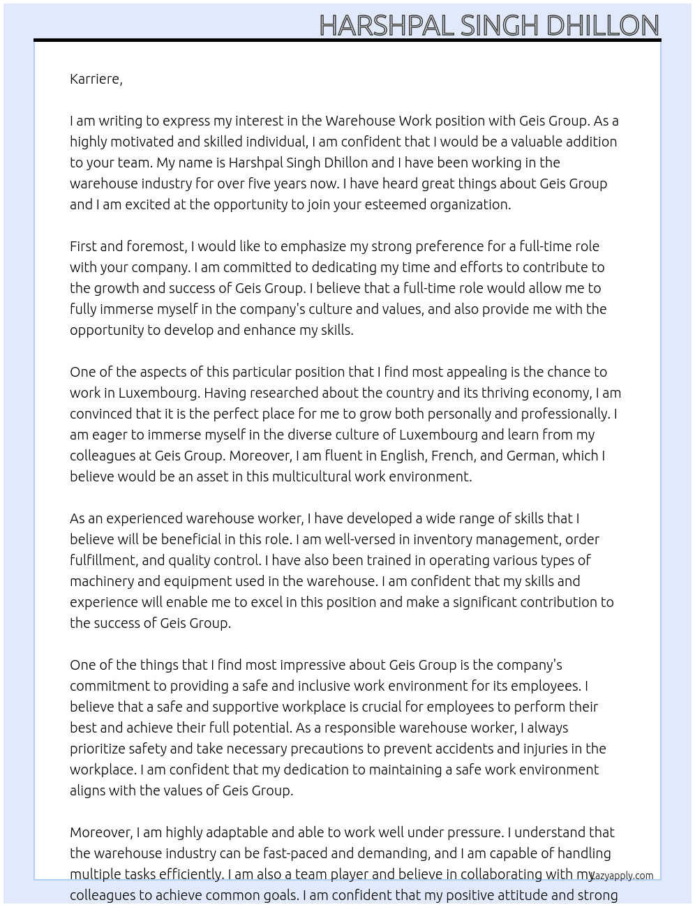 Warehouse Work At Geis Group Cover Letter