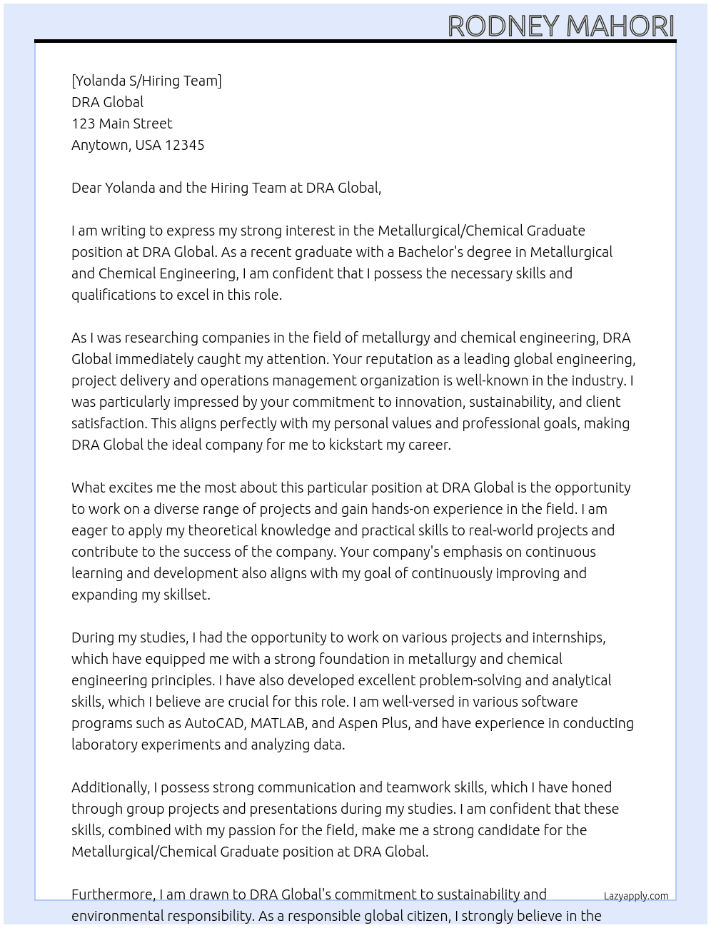 Metallurgical/Chemical Graduate At DRA GLOBAL Cover Letter
