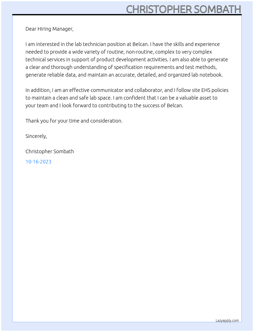 Lab technician  At Belcan Cover Letter