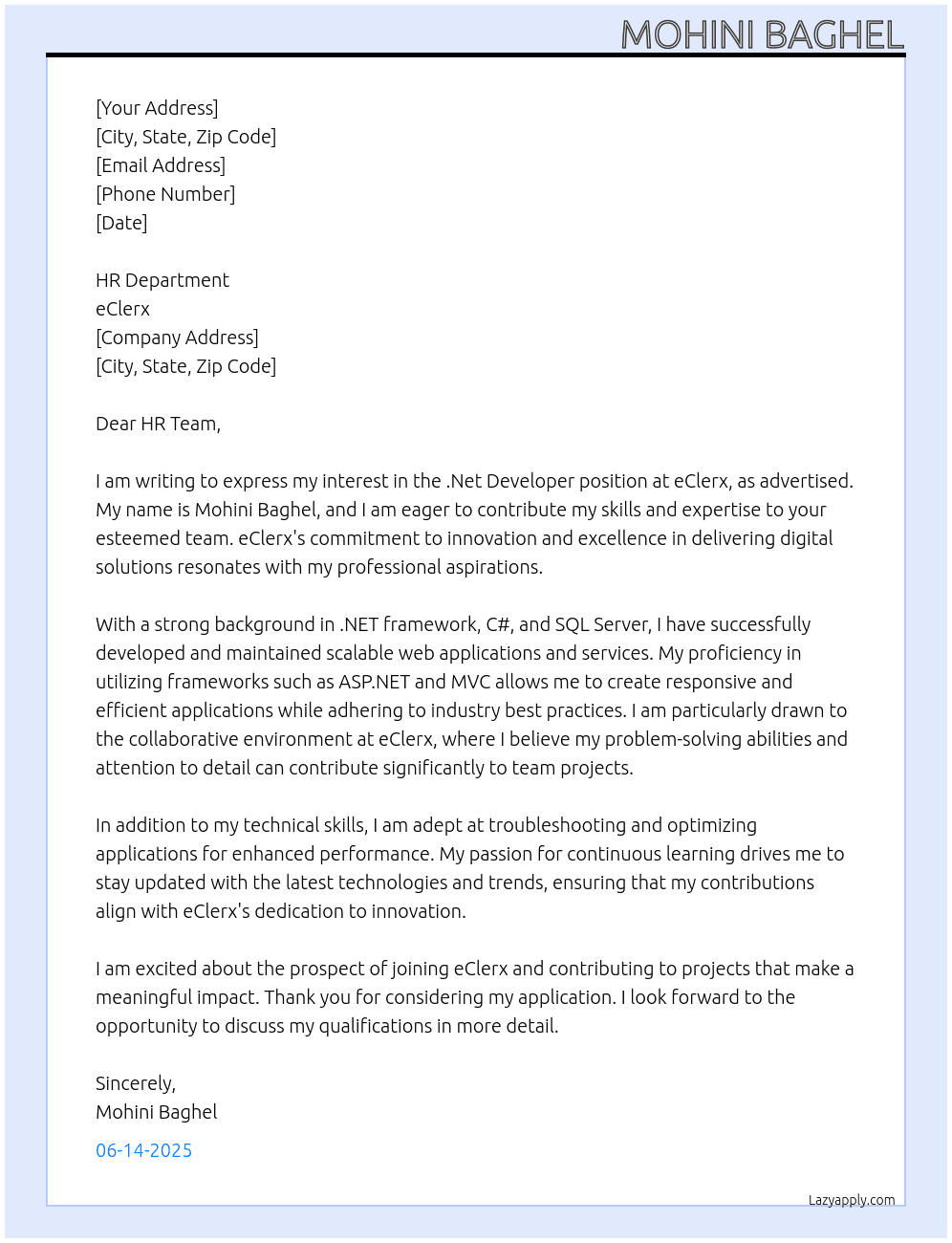 .Net Developer At eClerx Cover Letter