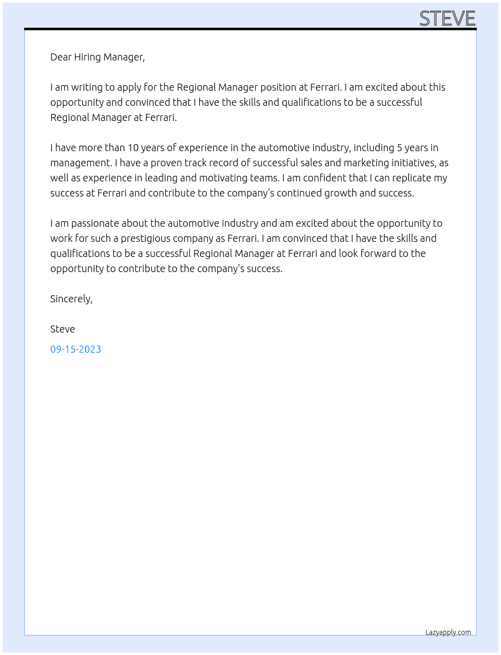 Regional Manager At Ferrari Cover Letter