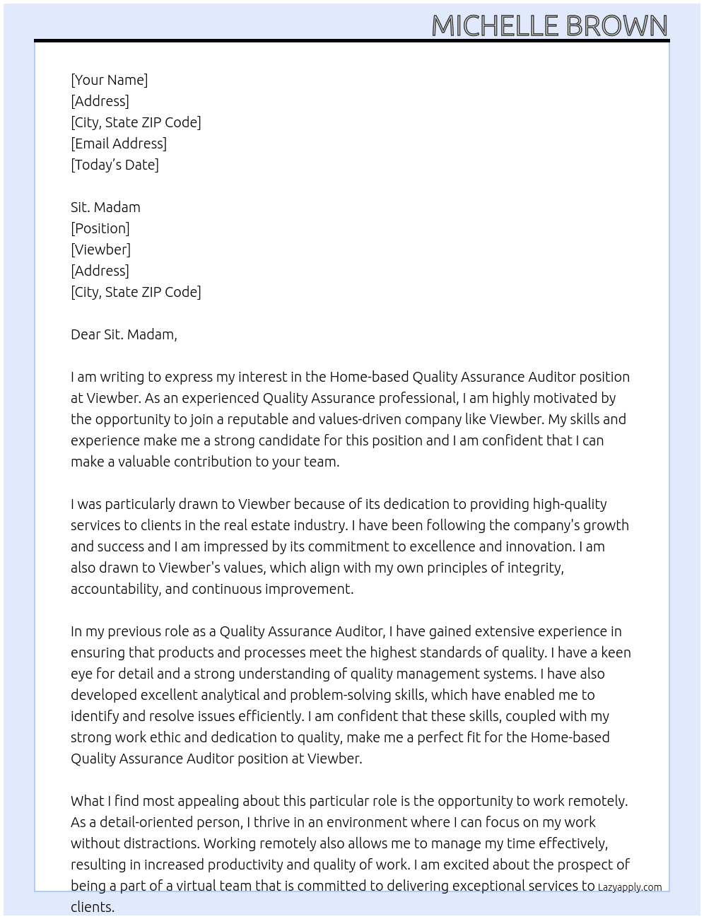 Home-based Quality Assurance Auditor At Viewber Cover Letter
