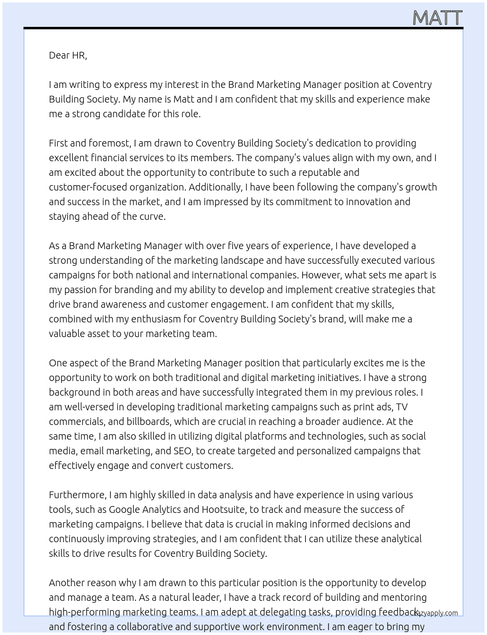 Brand Marketing Manager At Coventry Building Society Cover Letter