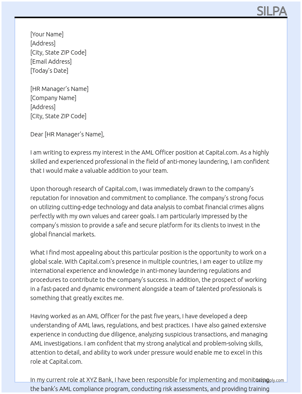 AML Officer At Capital.com Cover Letter