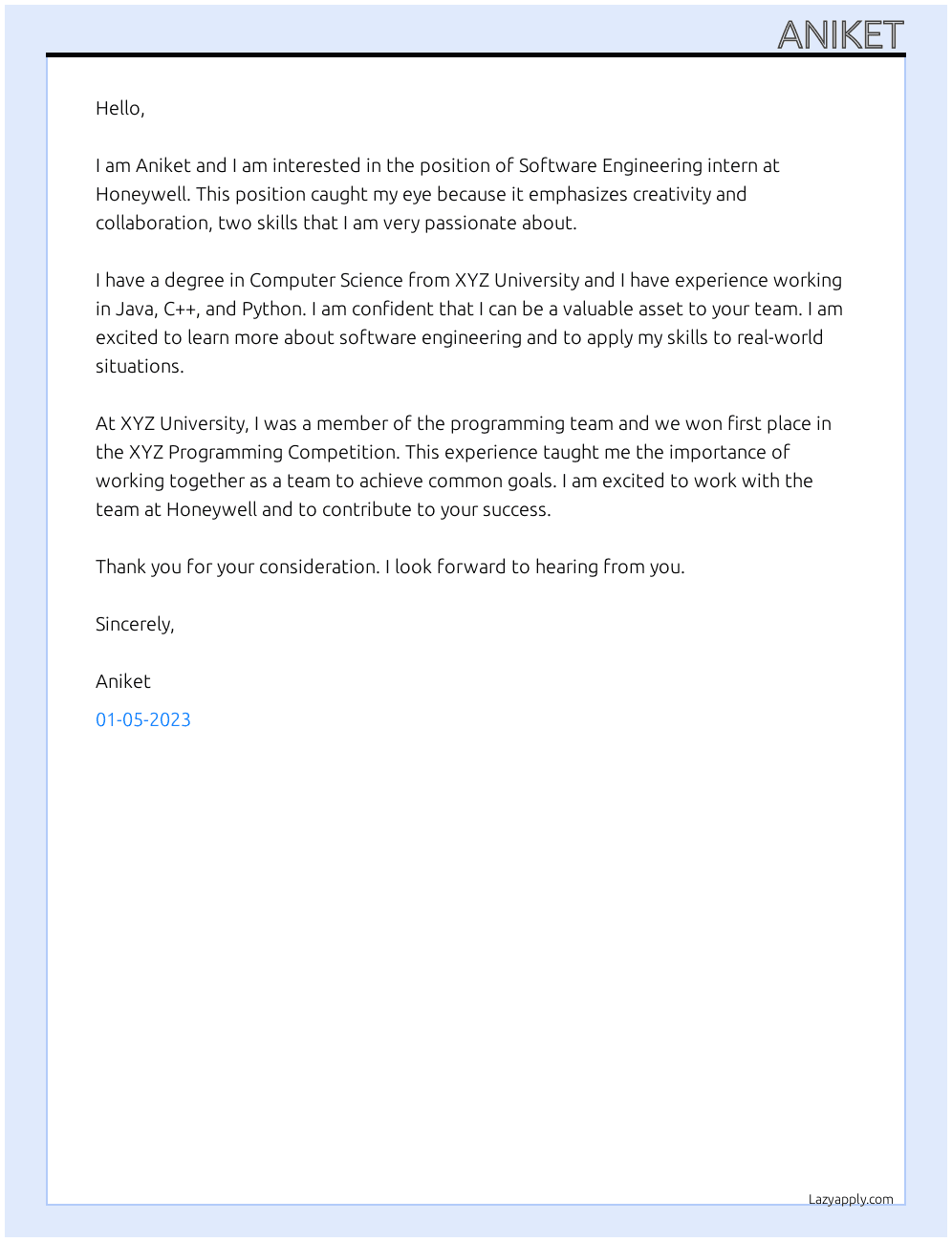 Software Engineering intern At Honeywell Cover Letter