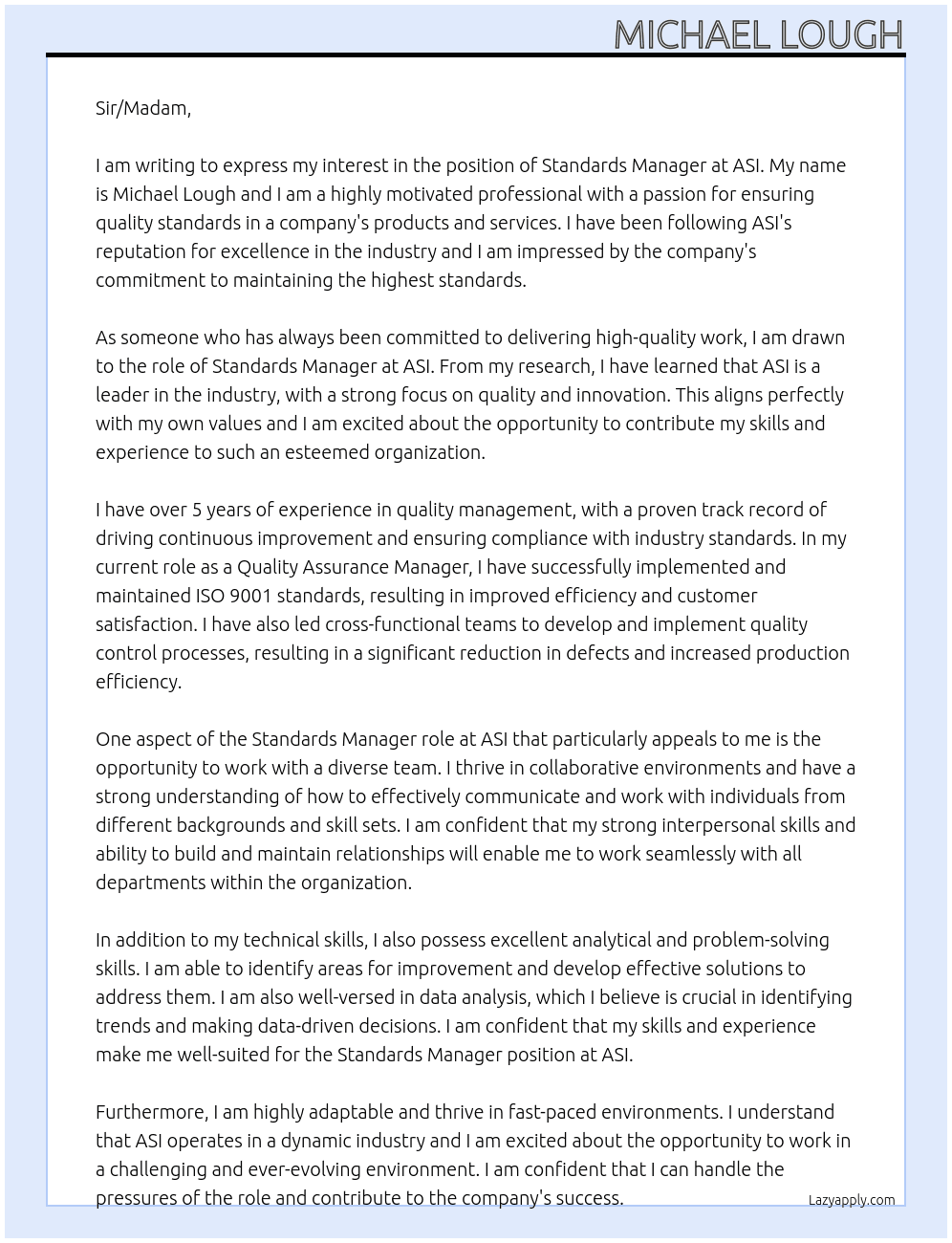 Standards Manager At ASI Cover Letter