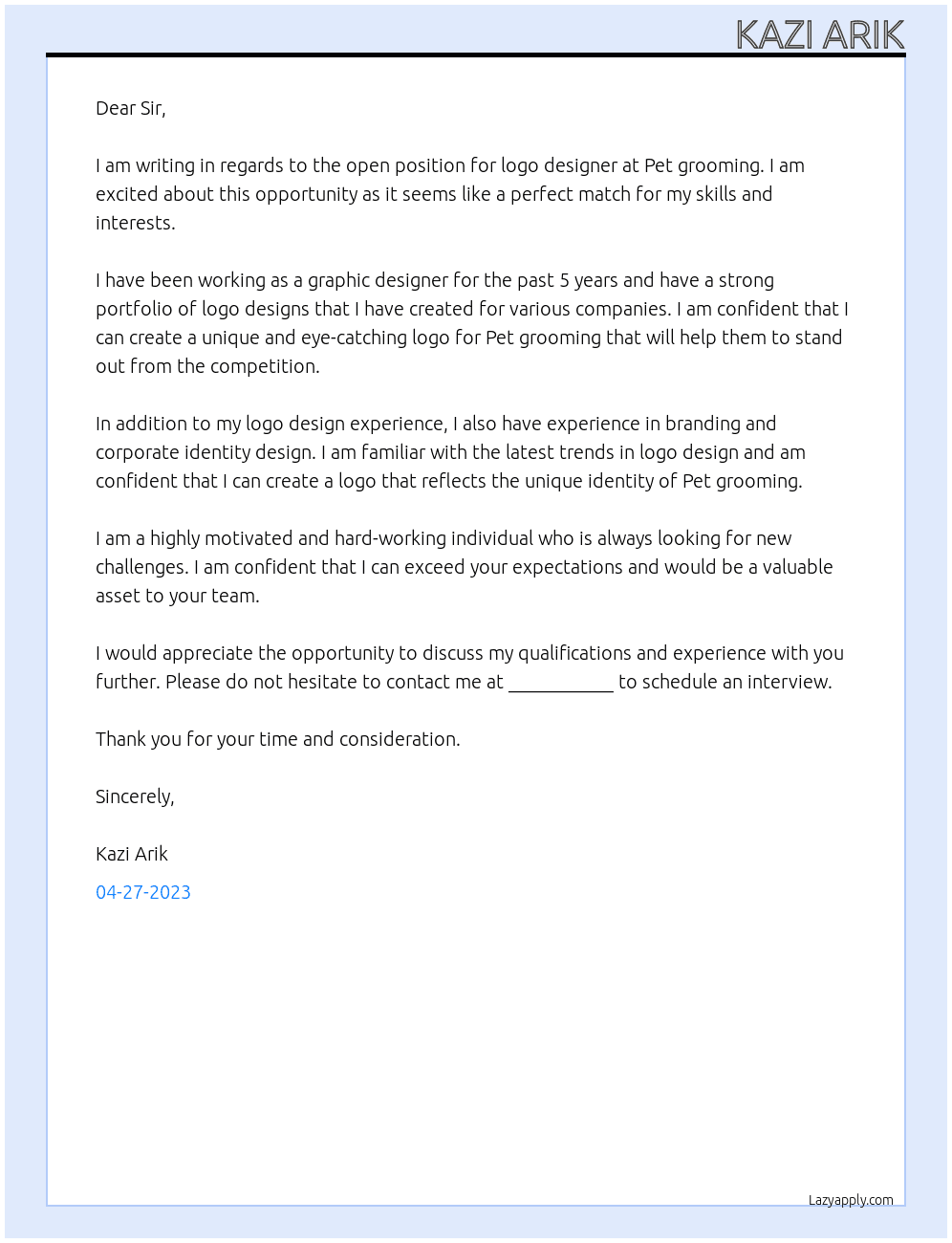 Logo designer At Pet grooming Cover Letter